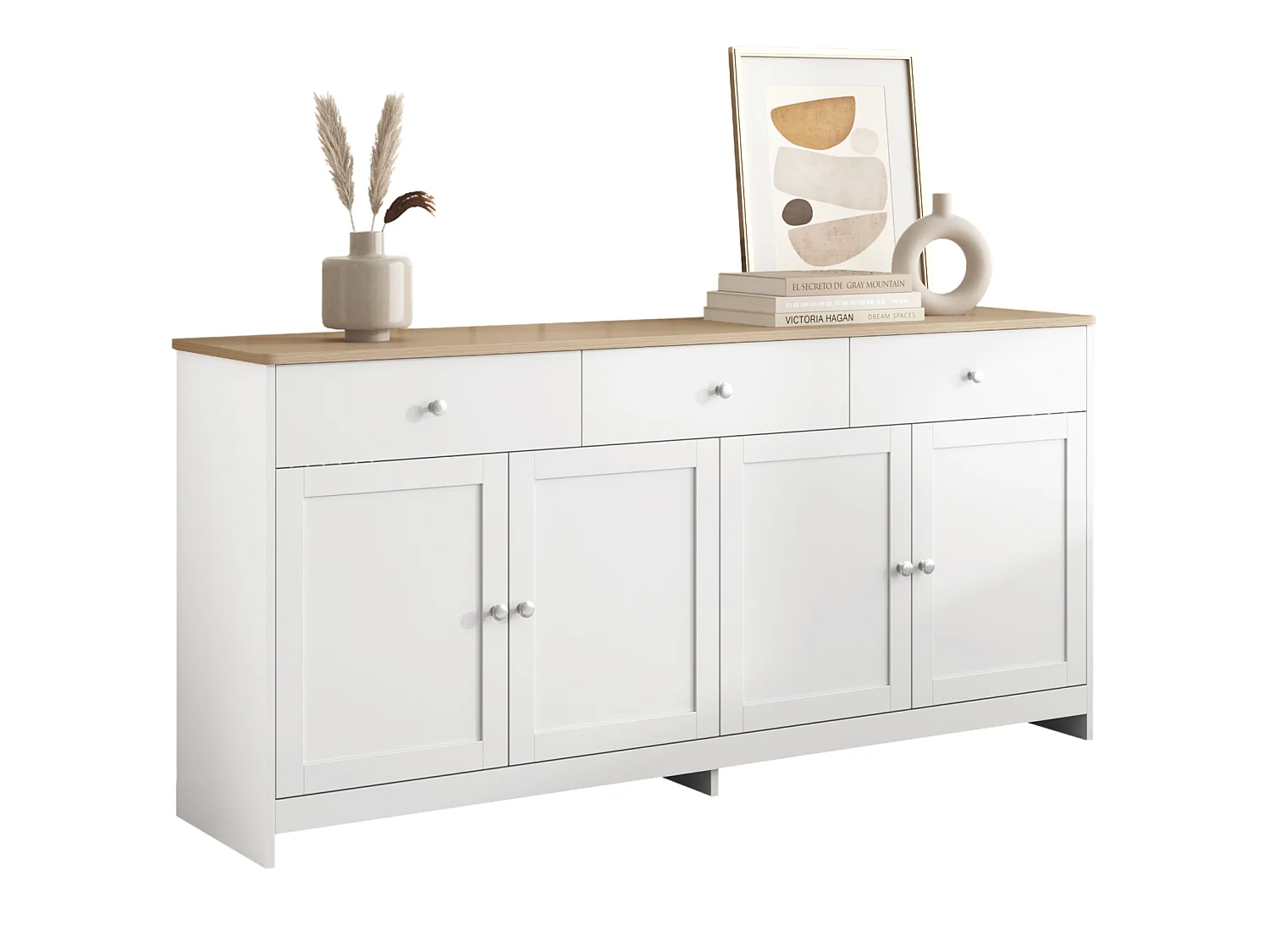 Wit dressoir met 3 lades en 4 deuren, 160 cm - Moderne stijl met verstelbare planken - Ideaal voor eetkamer, keuken of woonkamer