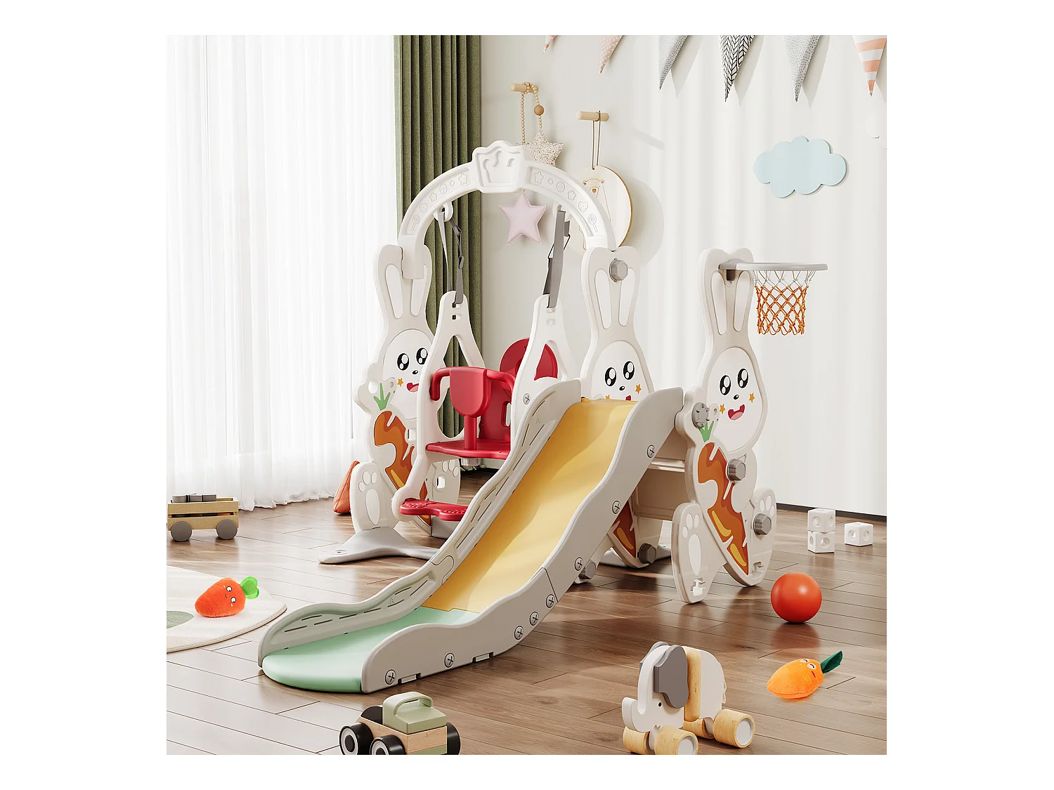 Tobogán + columpio + estructura de pelota para conejos – Blanco