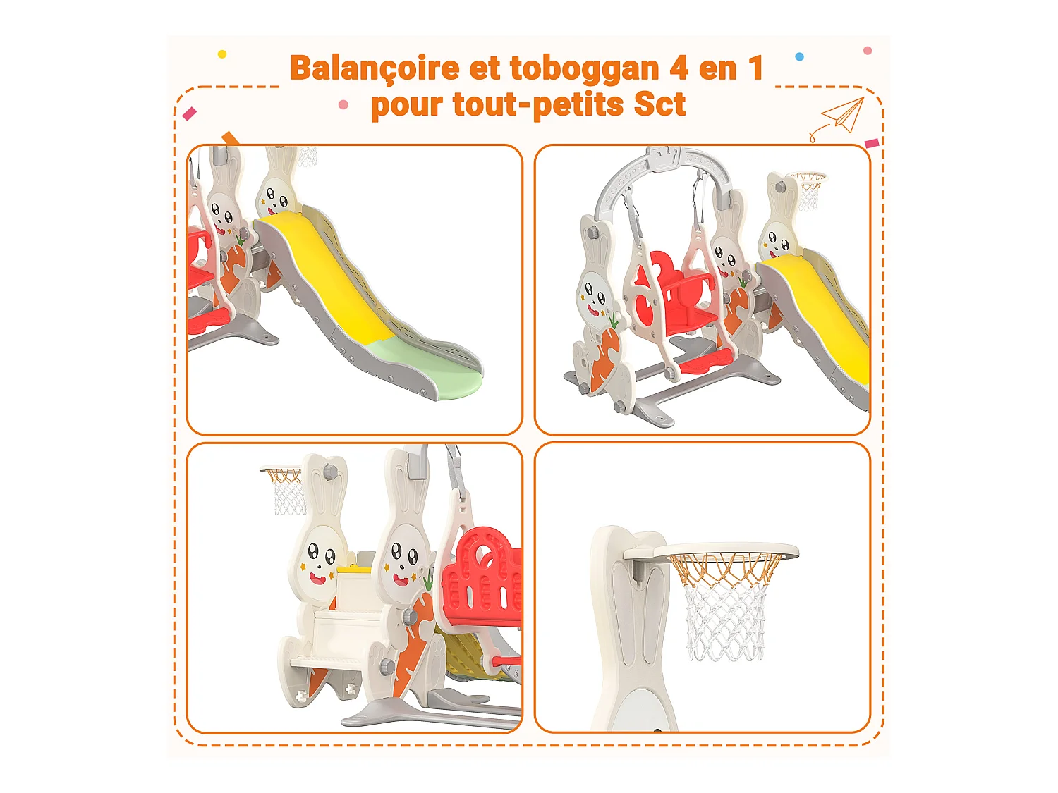 Tobogán + columpio + estructura de pelota para conejos – Blanco