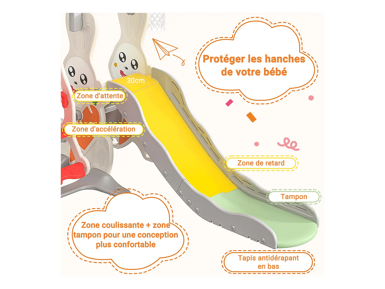 Tobogán + columpio + estructura de pelota para conejos – Blanco