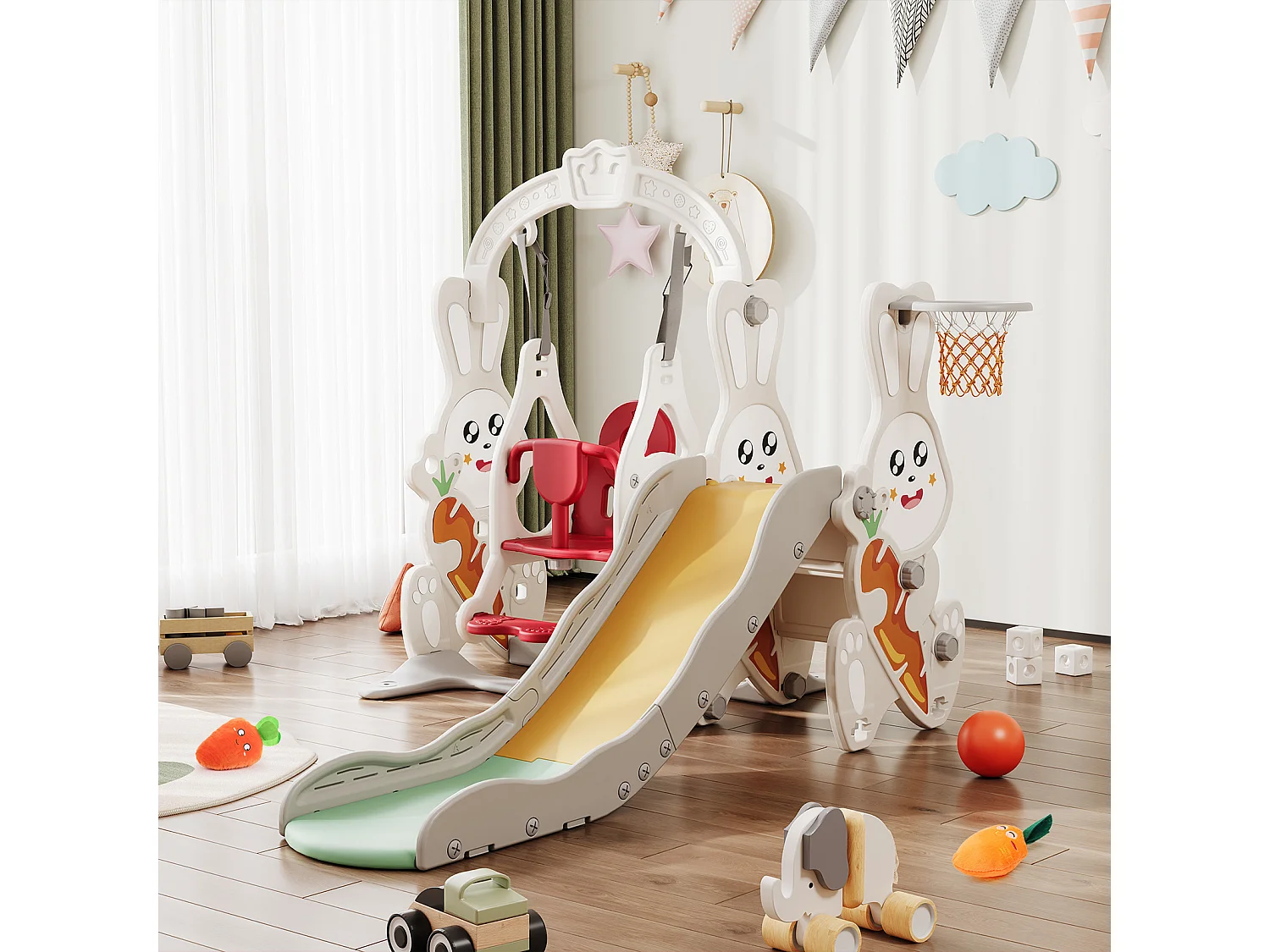 Tobogán + columpio + estructura de pelota para conejos – Blanco