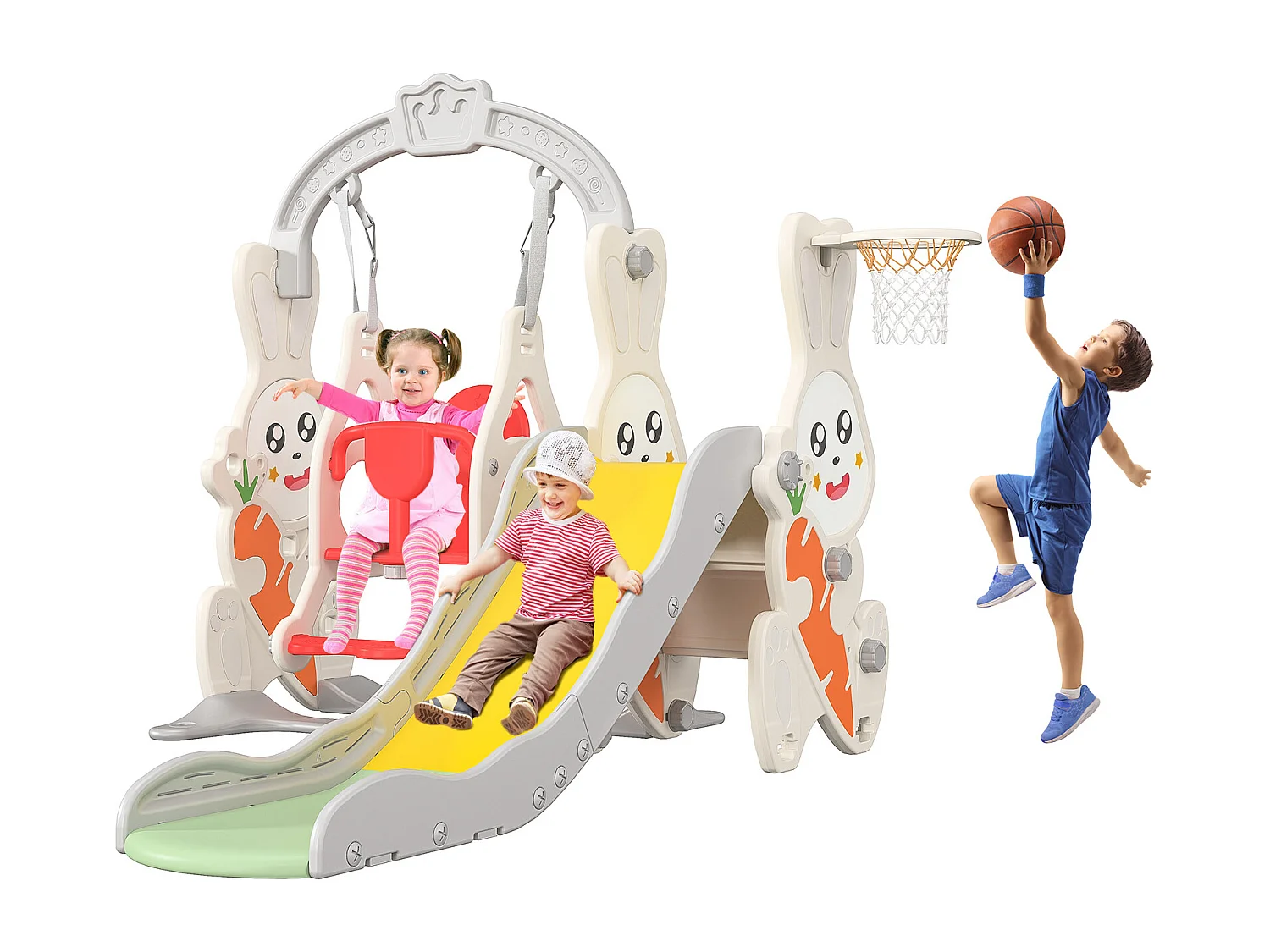 Tobogán + columpio + estructura de pelota para conejos – Blanco