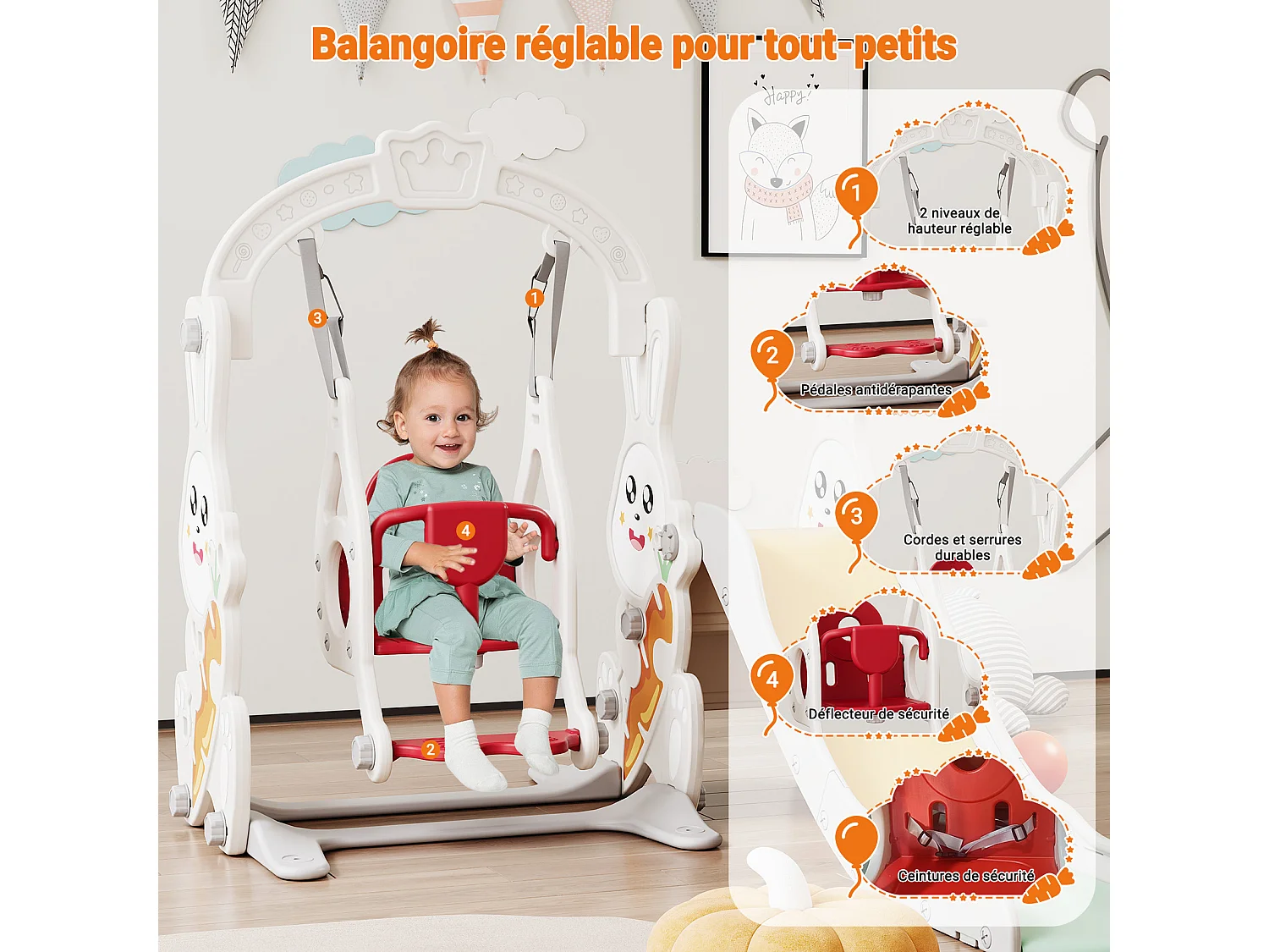 Tobogán + columpio + estructura de pelota para conejos – Blanco