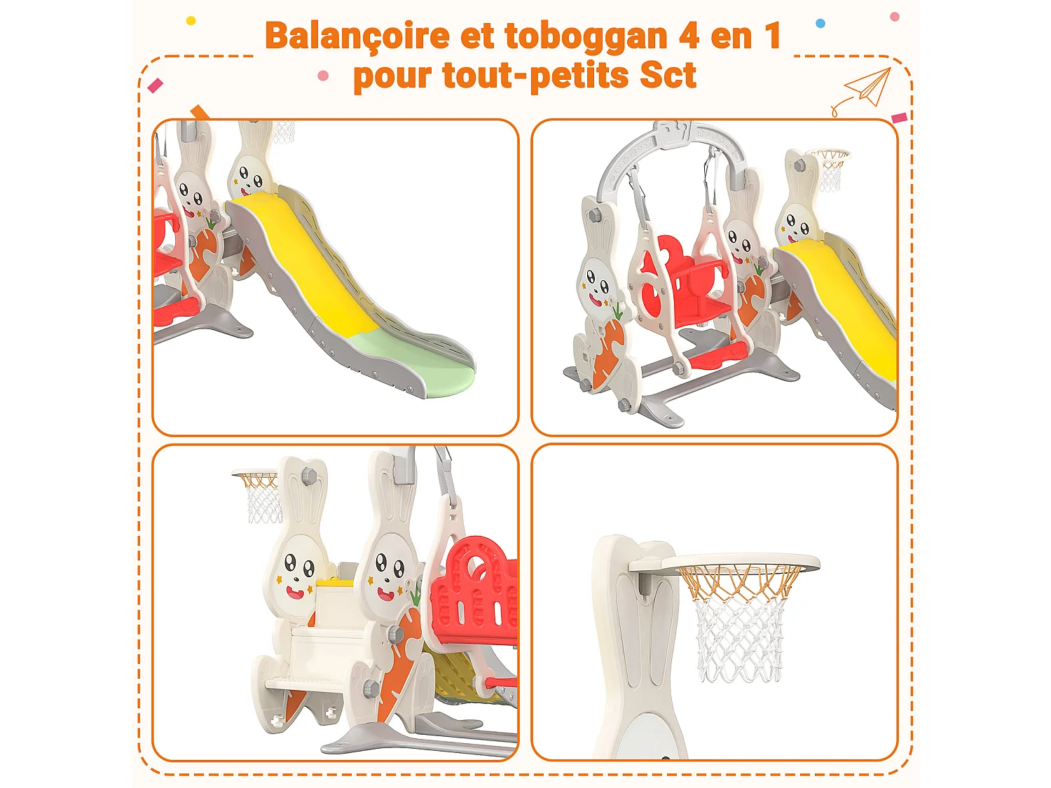 Tobogán + columpio + estructura de pelota para conejos – Blanco