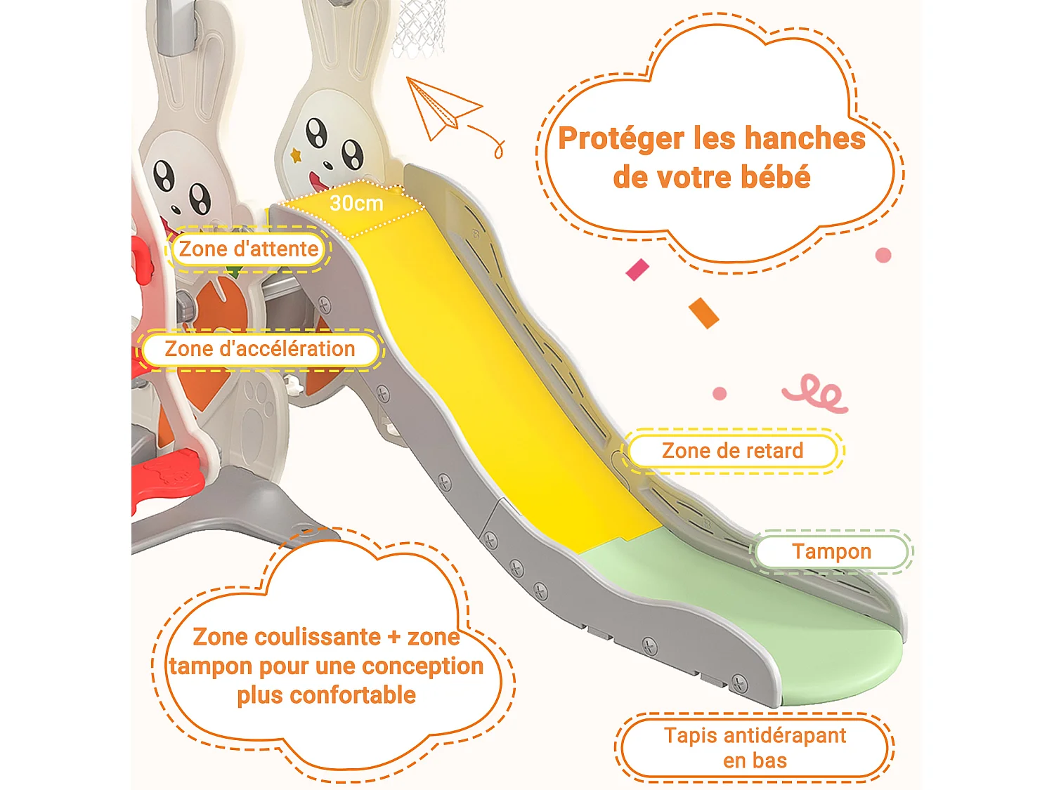 Tobogán + columpio + estructura de pelota para conejos – Blanco