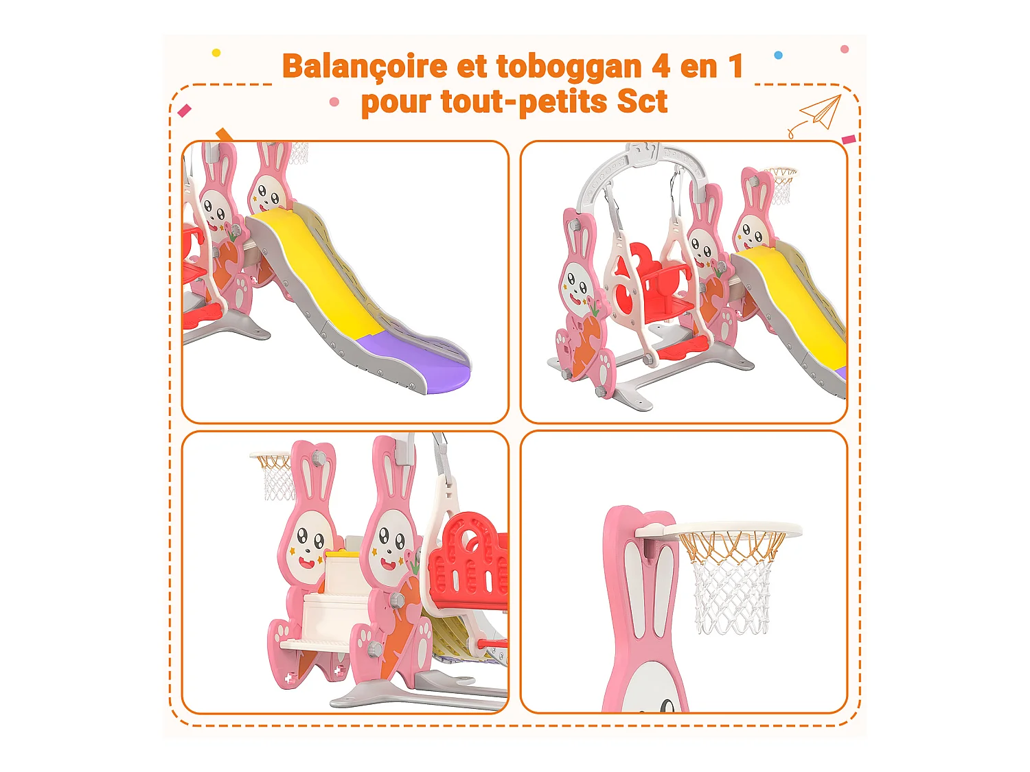 Tobogán + columpio + estructura de pelota para conejos – Rosa