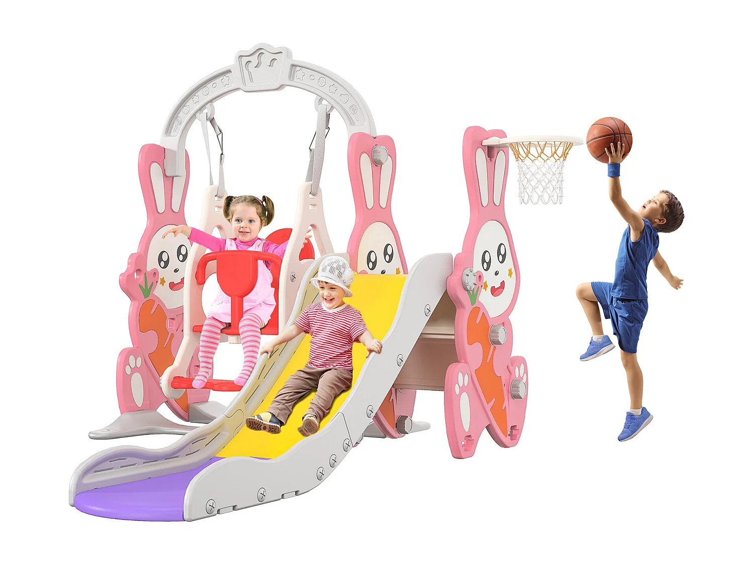 Tobogán + columpio + estructura de pelota para conejos – Rosa