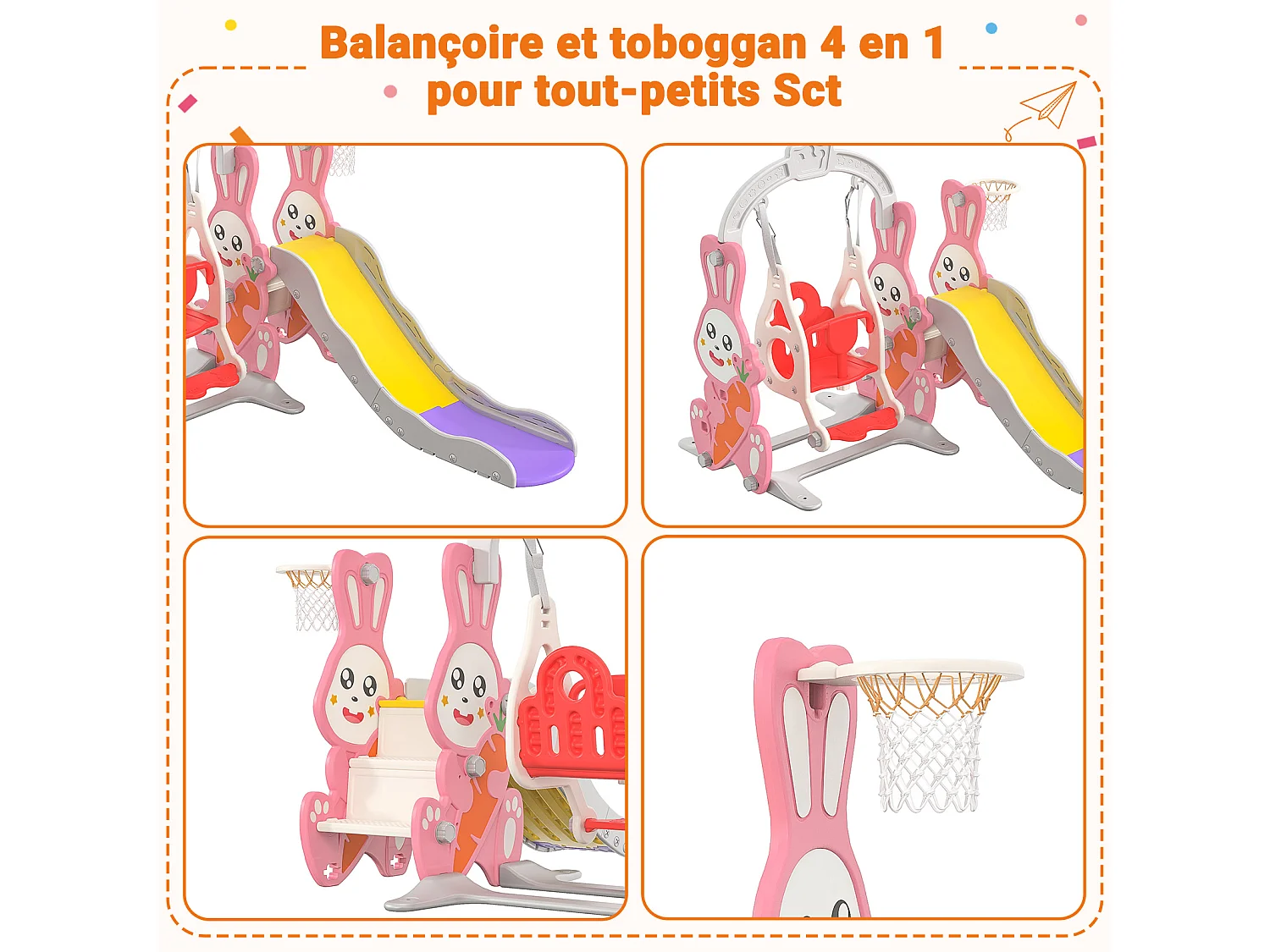 Tobogán + columpio + estructura de pelota para conejos – Rosa