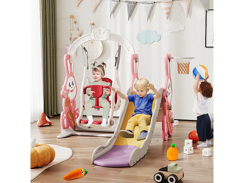 Toboggan lapin + balançoire + structure à billes – Rose