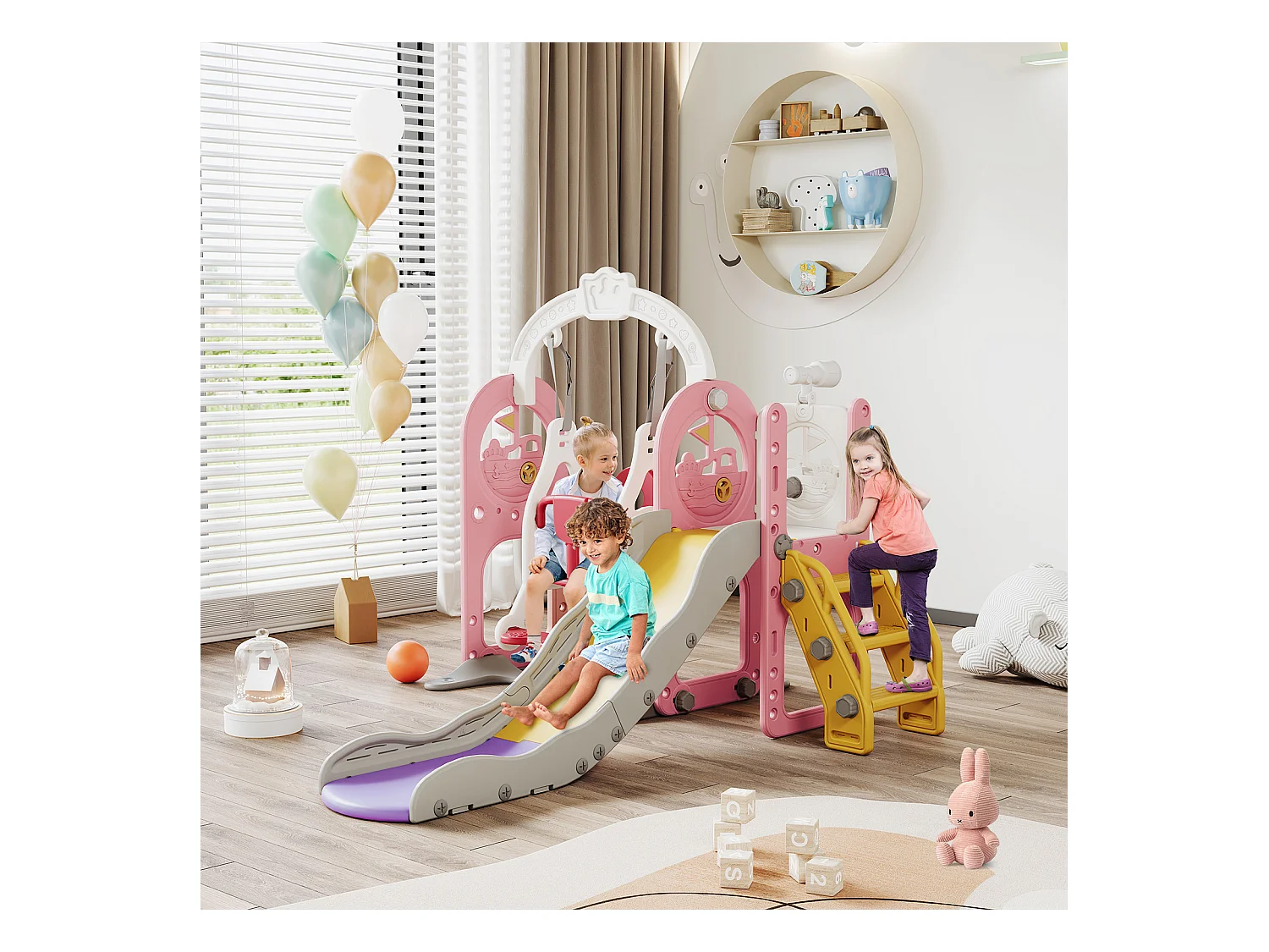 Tobogán de barco pirata + columpio + pista de canicas + telescopio rosa
