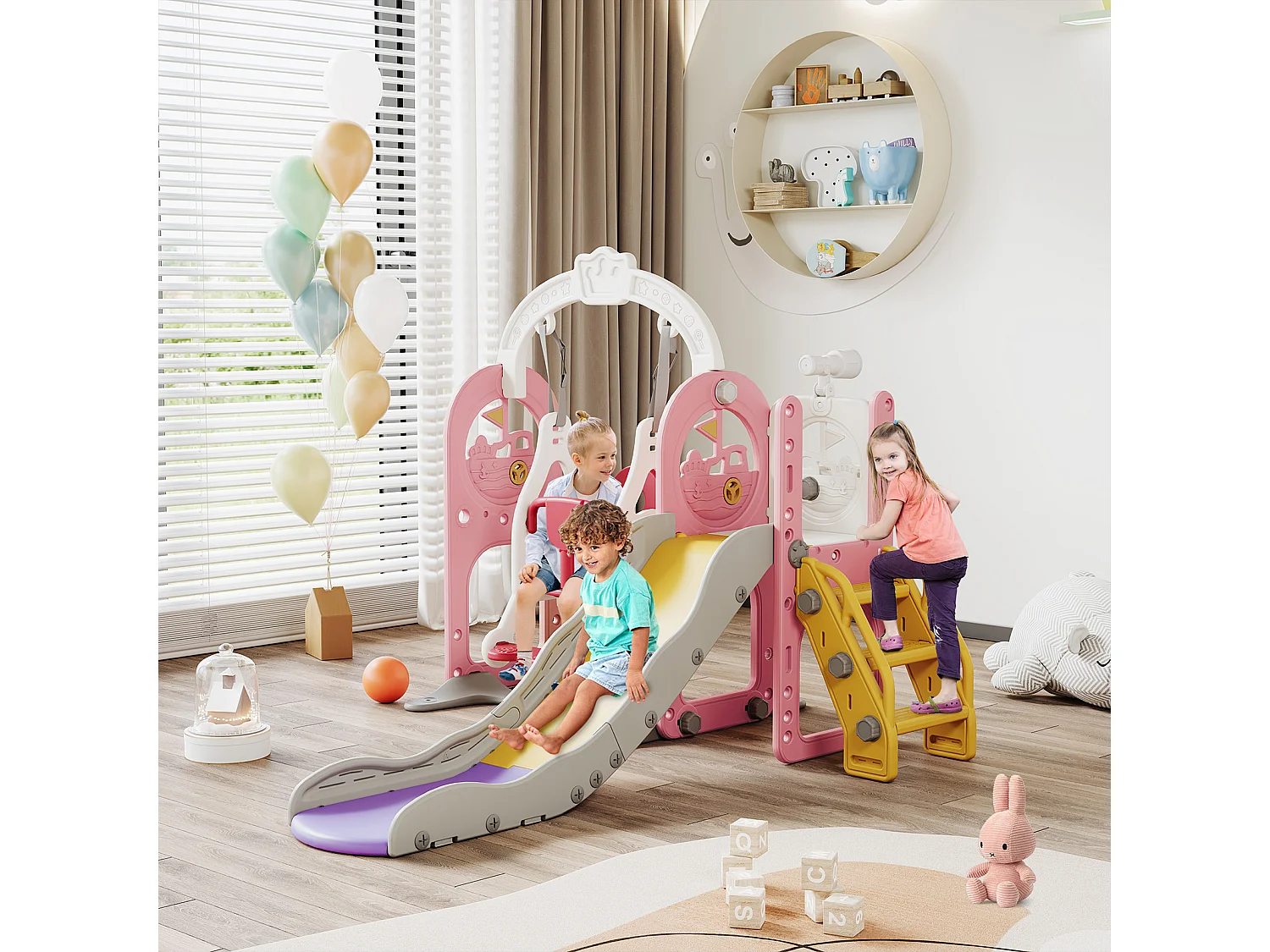 Piratenschiffrutsche + Schaukel + Kugelbahn + rosa Teleskop