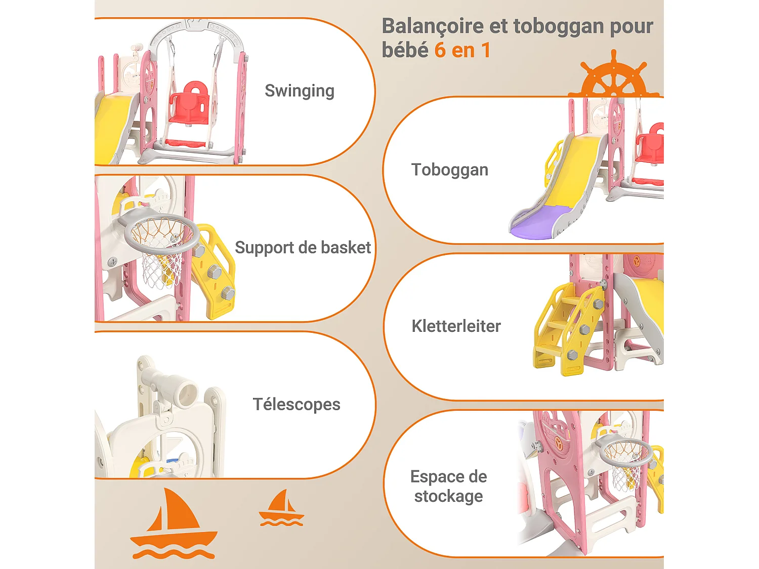 Tobogán de barco pirata + columpio + pista de canicas + telescopio rosa