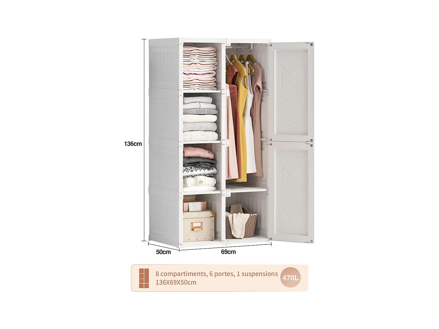 PP Faltkleiderschrank mit 6 Türen, 5 Fächern und 1 Kleiderstange – Weiß, 136 x 69 x 50 cm, Fassungsvermögen 470 L