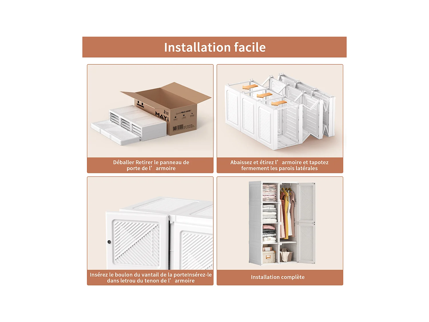 PP Faltkleiderschrank mit 6 Türen, 5 Fächern und 1 Kleiderstange – Weiß, 136 x 69 x 50 cm, Fassungsvermögen 470 L