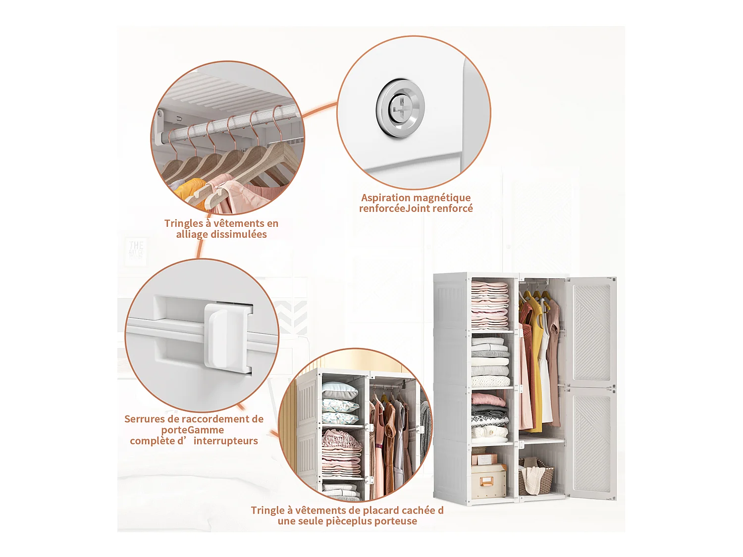 PP Faltkleiderschrank mit 6 Türen, 5 Fächern und 1 Kleiderstange – Weiß, 136 x 69 x 50 cm, Fassungsvermögen 470 L