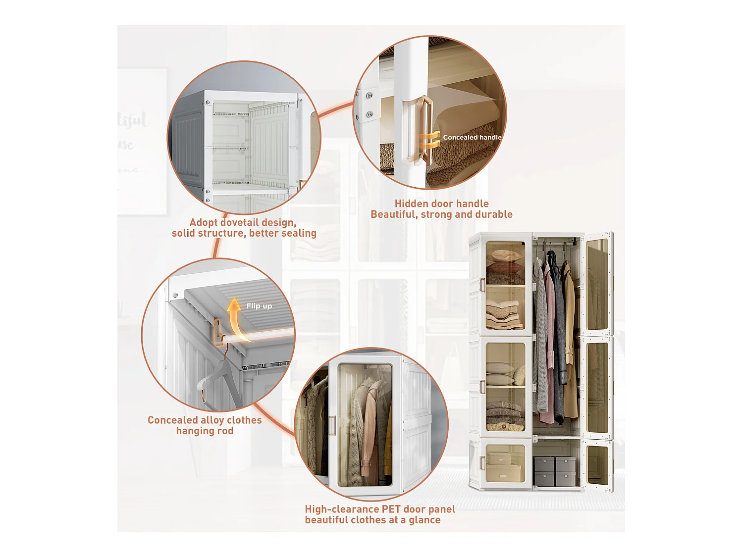 Armario con 10 compartimentos, 6 puertas, 1 barra para colgar, puerta transparente – 69x50x170 cm, Blanco