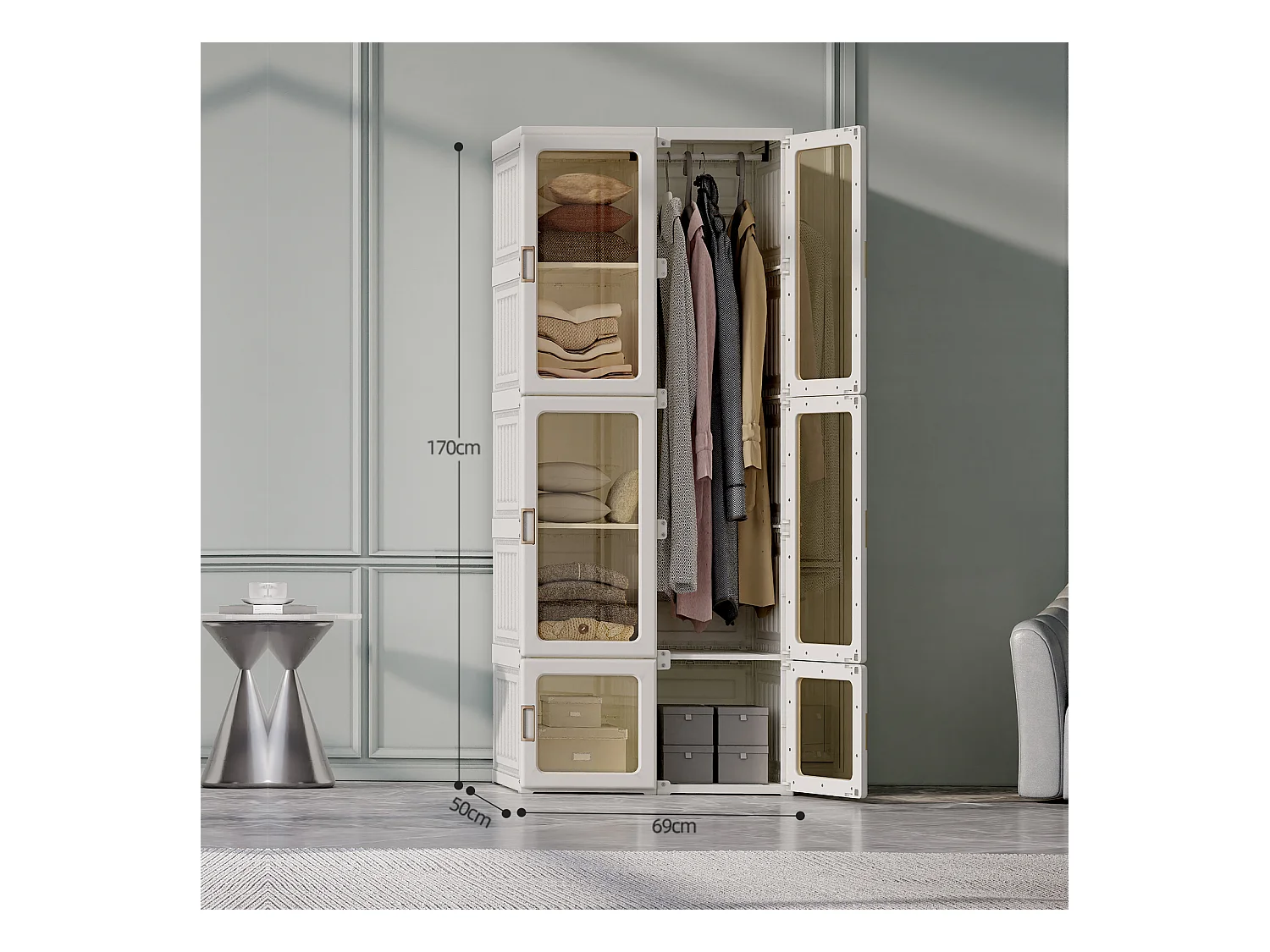 Armario con 10 compartimentos, 6 puertas, 1 barra para colgar, puerta transparente – 69x50x170 cm, Blanco