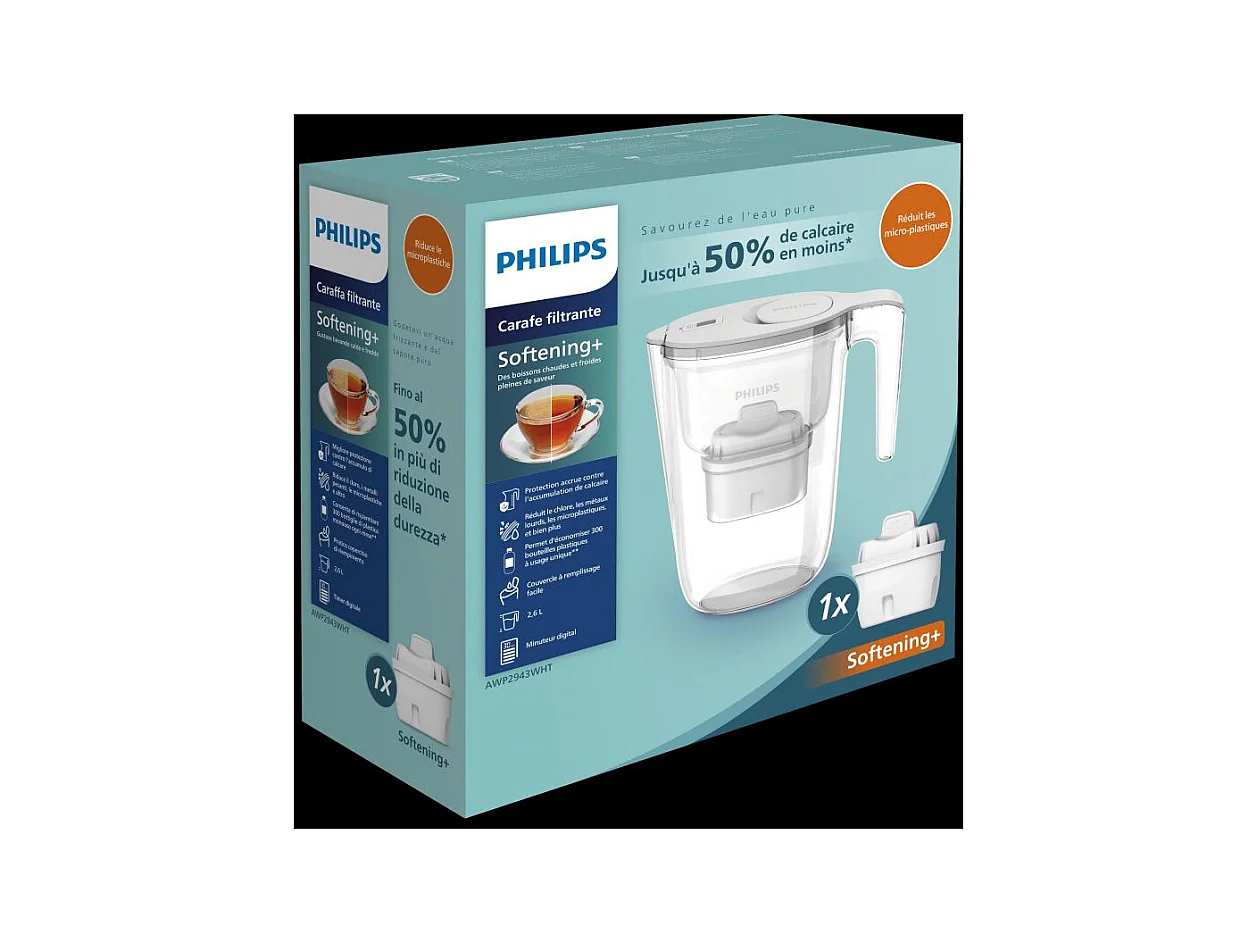 Carafe filtrante 2,6 L blanche avec 1 filtre anti calcaire, Micro X-Clean sofftening+ Philips PHAWP2943WHT/24