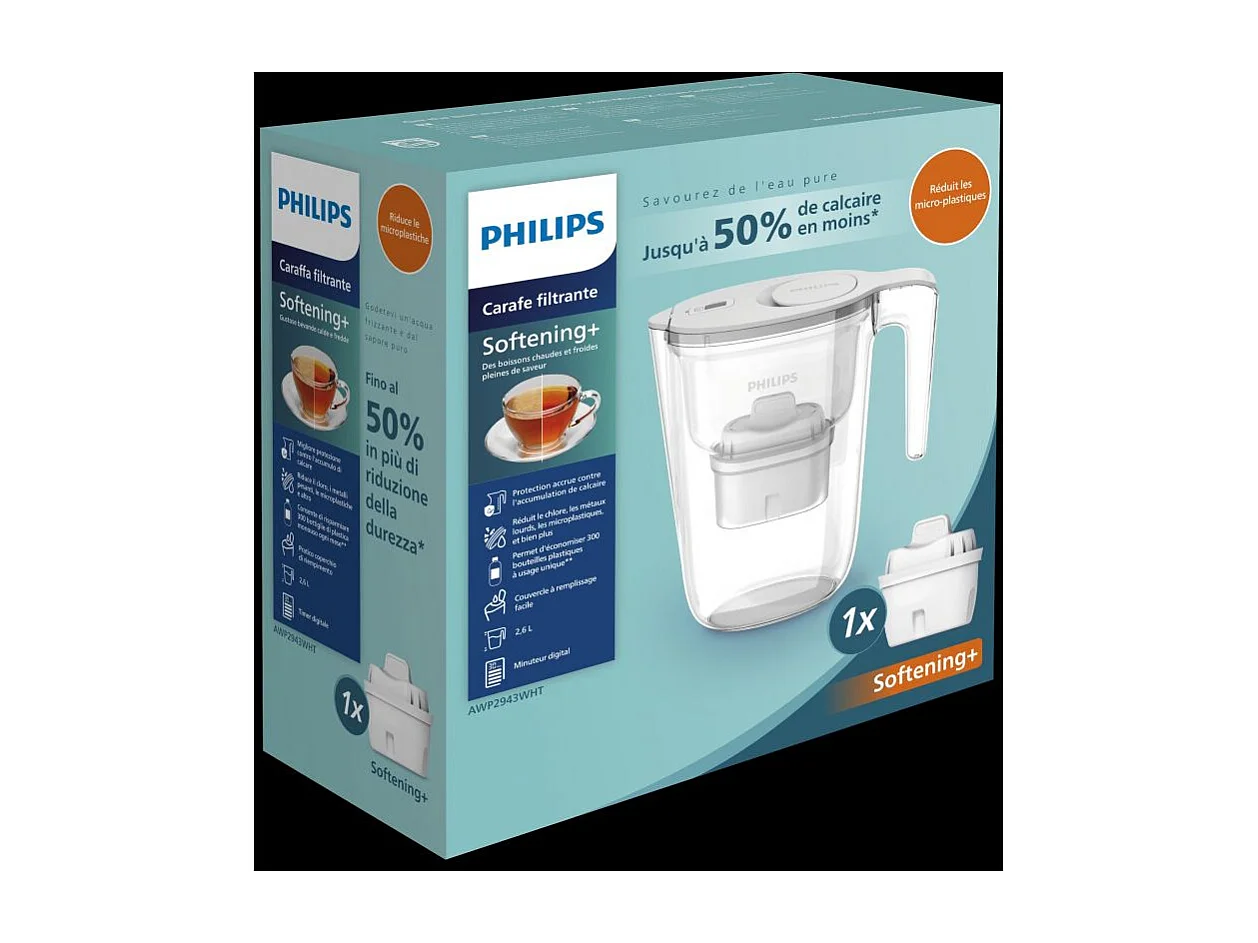 Carafe filtrante 2,6 L blanche avec 1 filtre anti calcaire, Micro X-Clean sofftening+ Philips PHAWP2943WHT/24