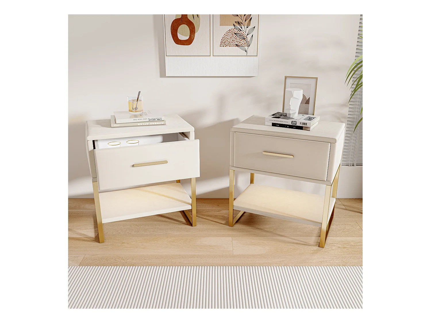 Beige fluwelen nachtkastje met lade, open plank en RGB LED-verlichting - Gouden metalen structuur