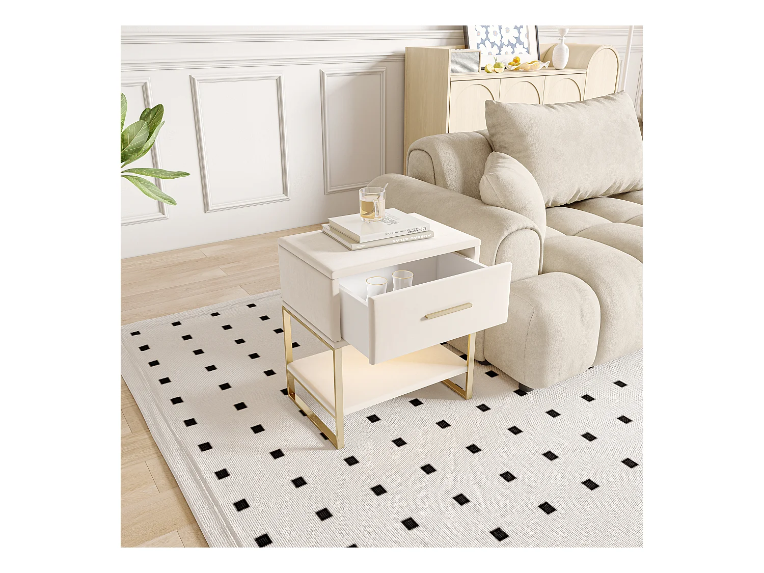 Beige fluwelen nachtkastje met lade, open plank en RGB LED-verlichting - Gouden metalen structuur