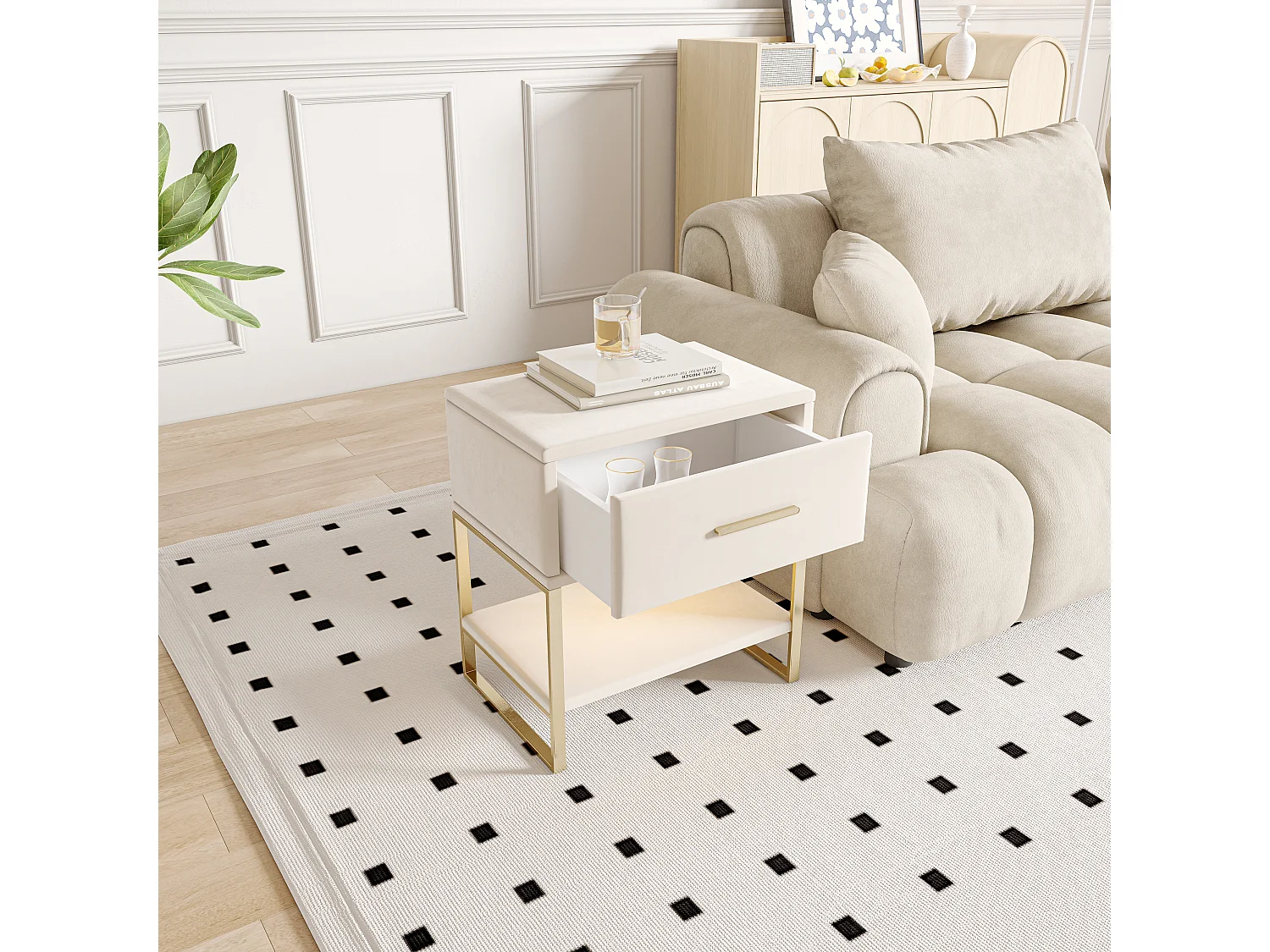 Table de chevet en velours beige avec tiroir, étagère ouverte et éclairage LED RVB – Structure en métal doré