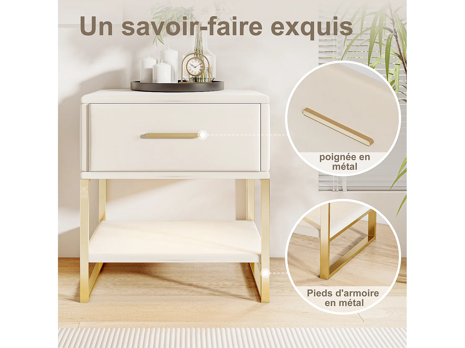 Table de chevet en velours beige avec tiroir, étagère ouverte et éclairage LED RVB – Structure en métal doré