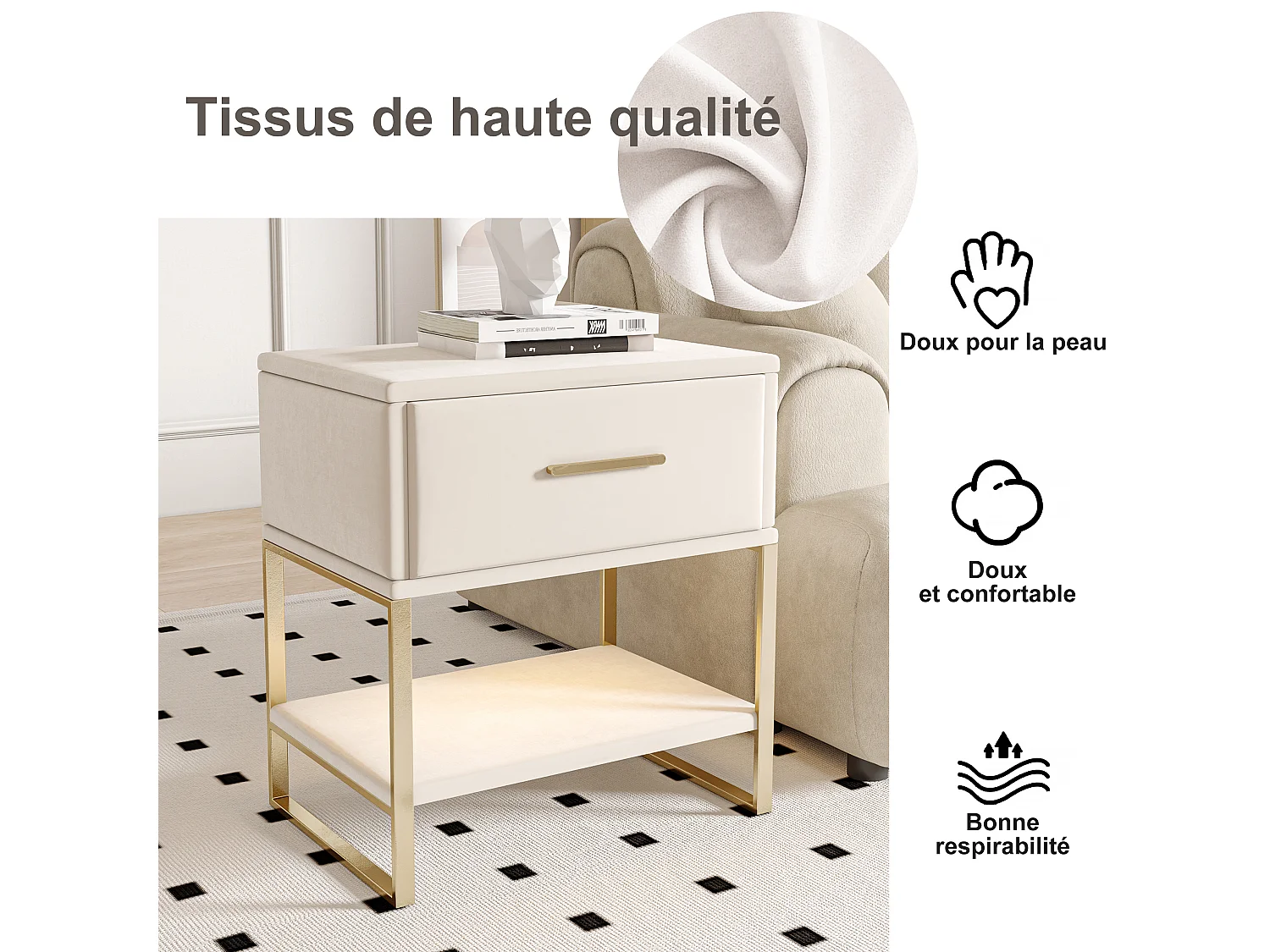 Table de chevet en velours beige avec tiroir, étagère ouverte et éclairage LED RVB – Structure en métal doré