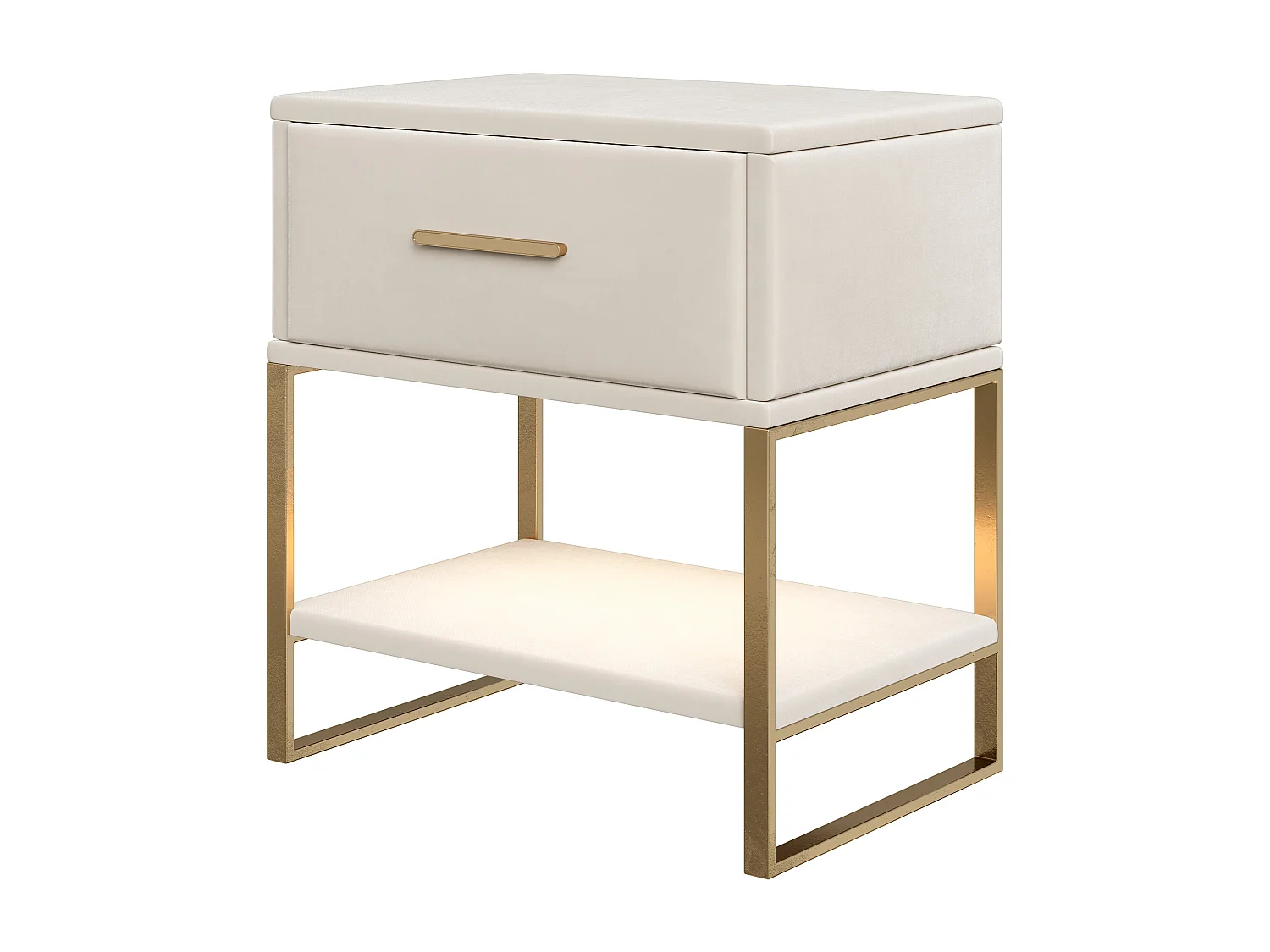 Beige fluwelen nachtkastje met lade, open plank en RGB LED-verlichting - Gouden metalen structuur