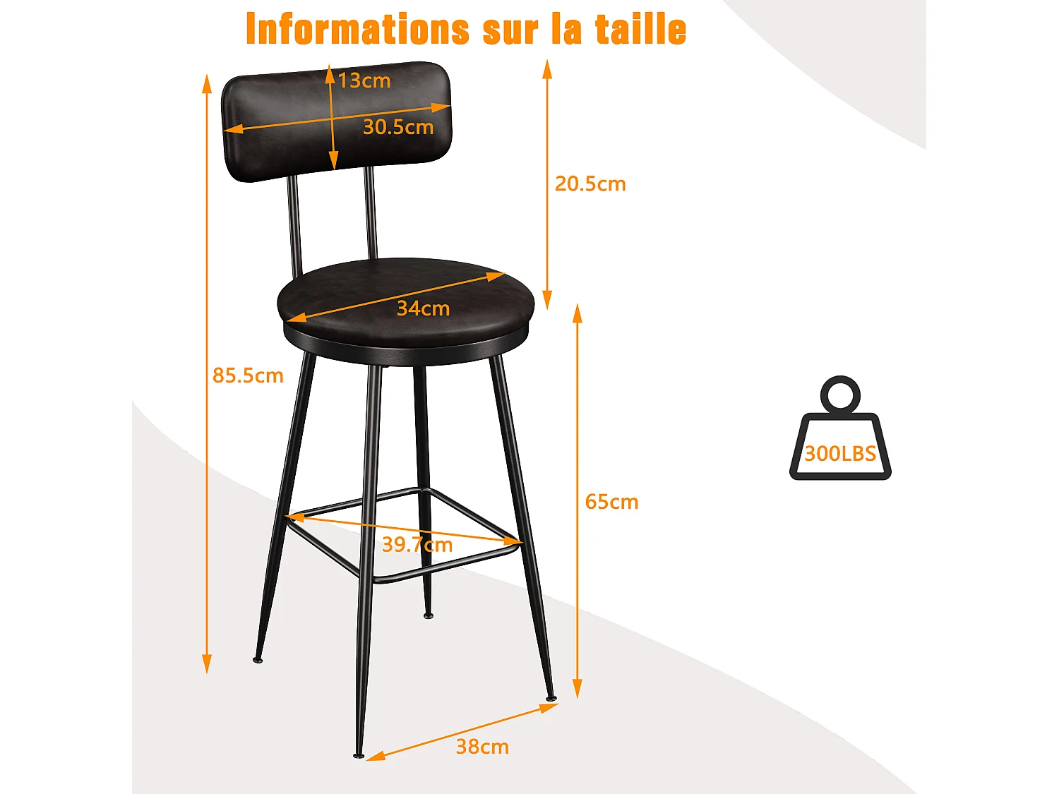 Lot de 2 Chaises de Comptoir – Noires, Simili Cuir, Hauteur 65 cm, Pour Cuisine