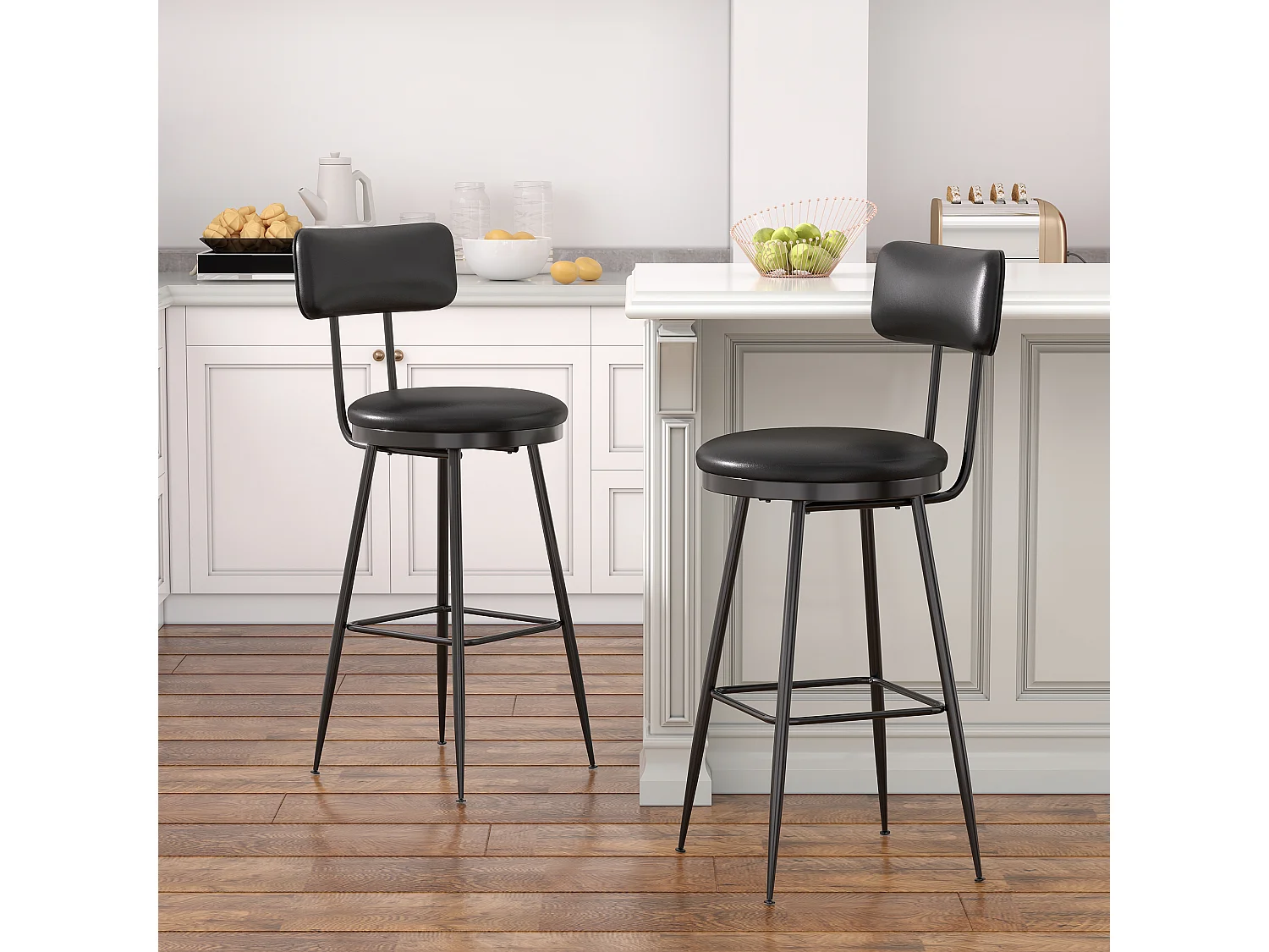 Lot de 2 Chaises de Comptoir – Noires, Simili Cuir, Hauteur 65 cm, Pour Cuisine