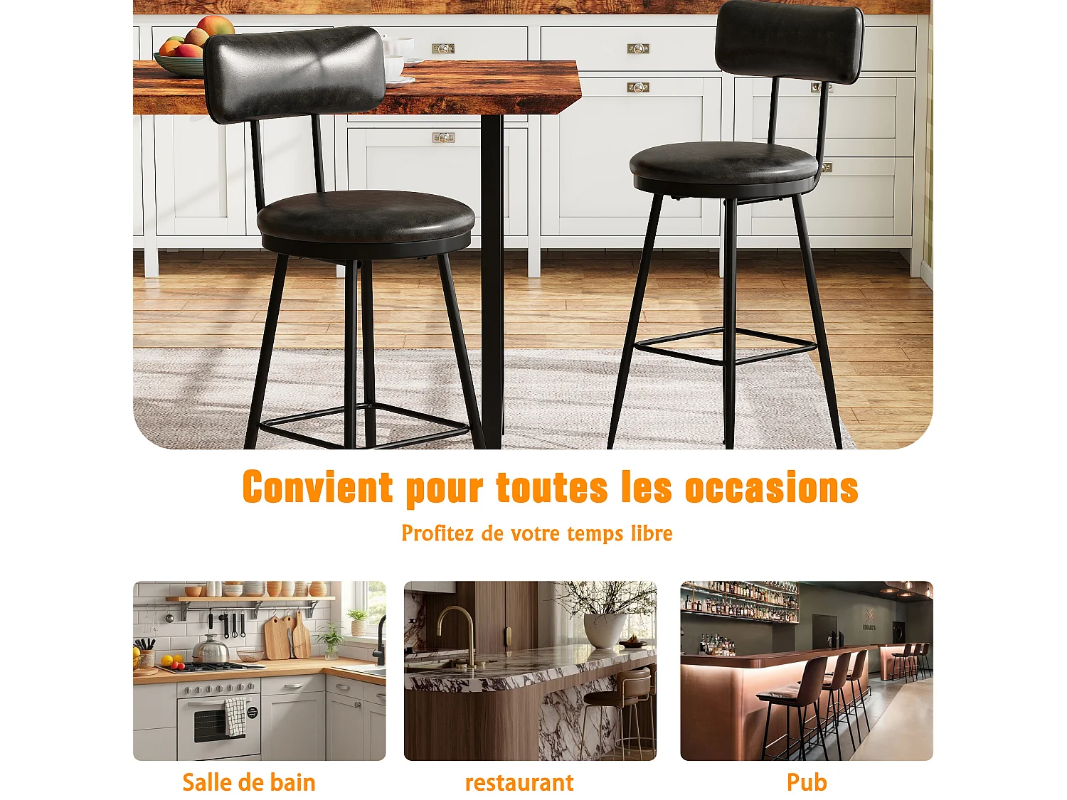 Lot de 2 Chaises de Comptoir – Noires, Simili Cuir, Hauteur 65 cm, Pour Cuisine