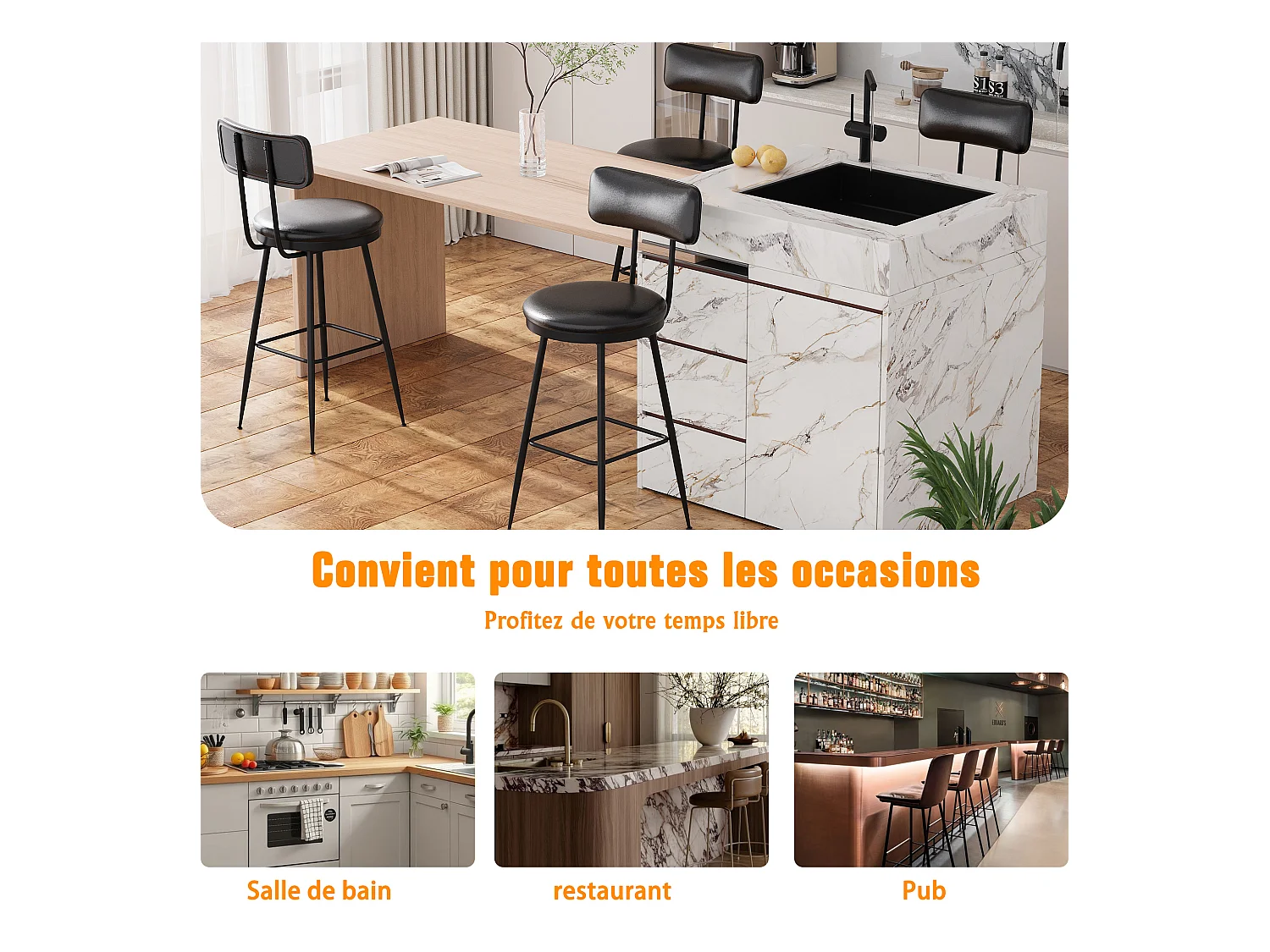 Lot de 4 Chaises de Comptoir – Noires, Simili Cuir, Dossier, Hauteur 65 cm