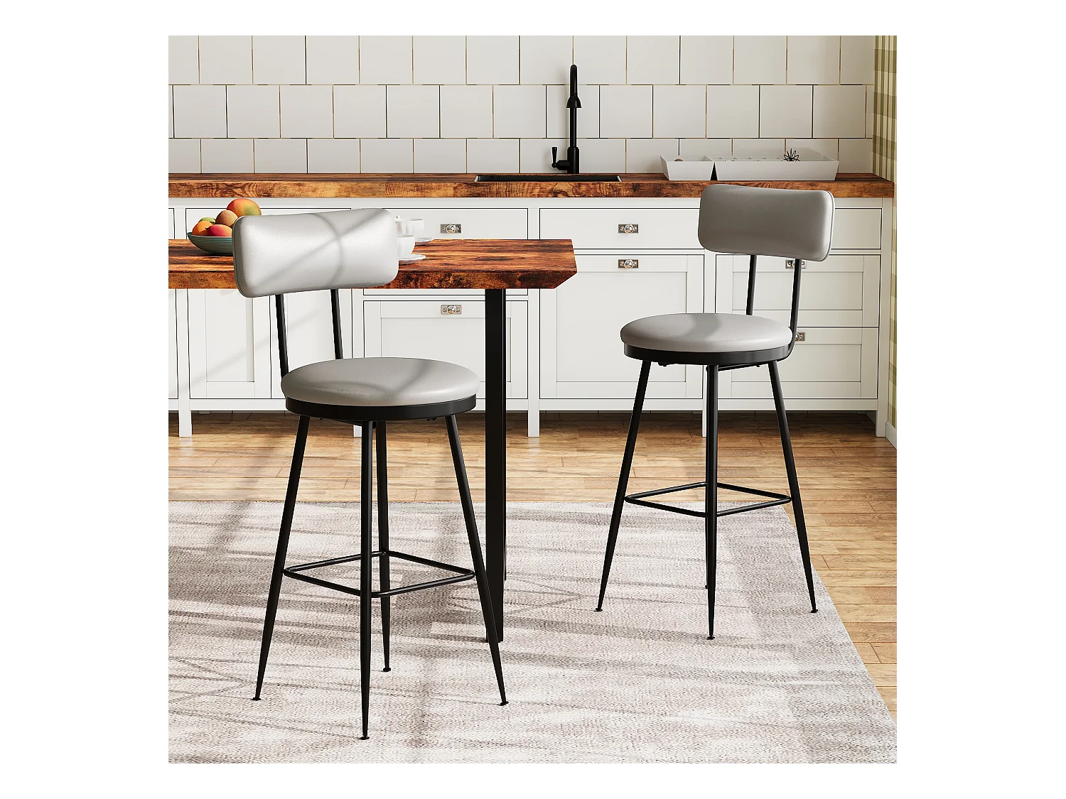 Lot de 2 Chaises de Bar – Grises, Style Industriel, Dossier, Simili Cuir, Hauteur 65 cm