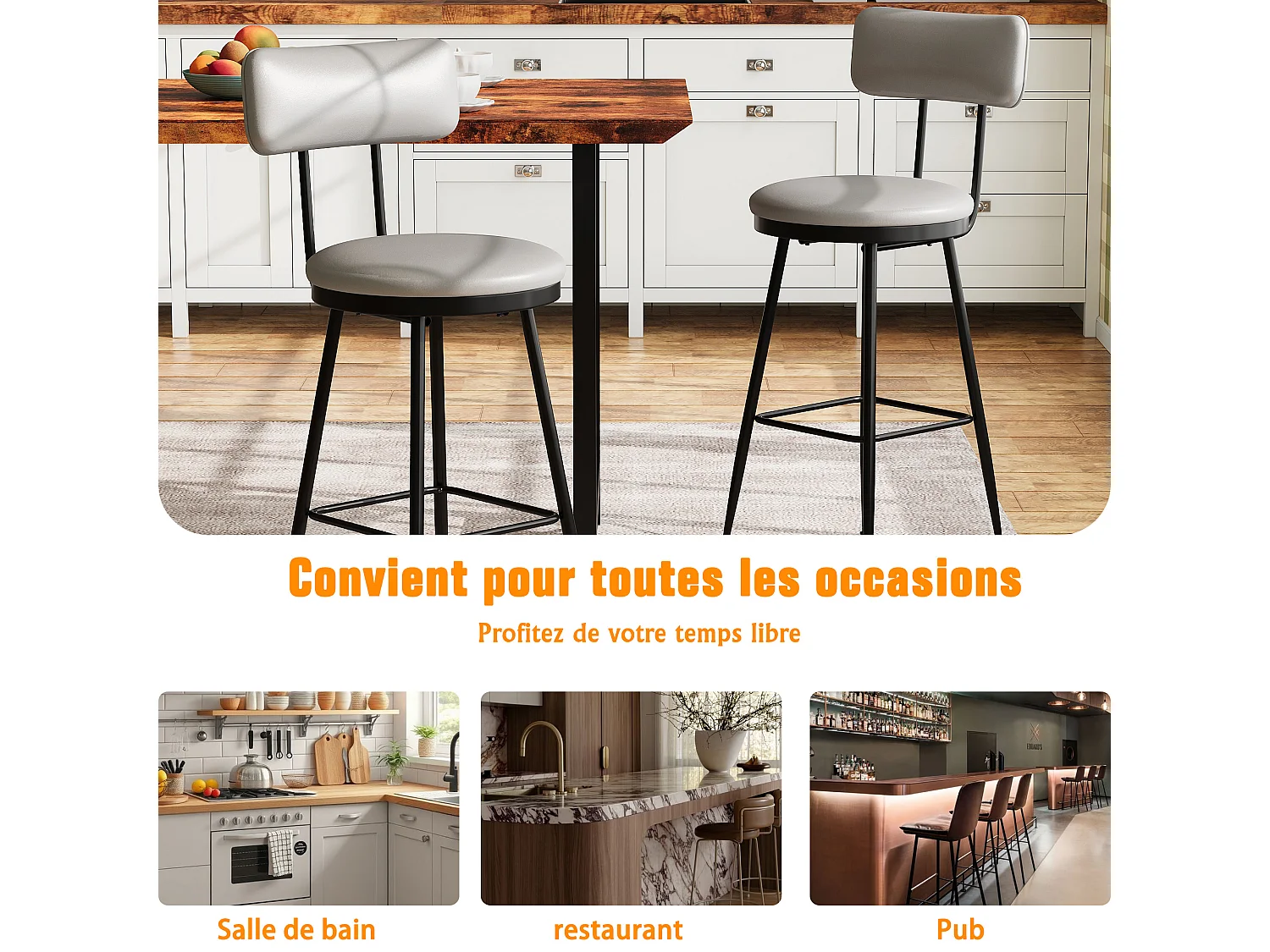 Lot de 2 Chaises de Bar – Grises, Style Industriel, Dossier, Simili Cuir, Hauteur 65 cm