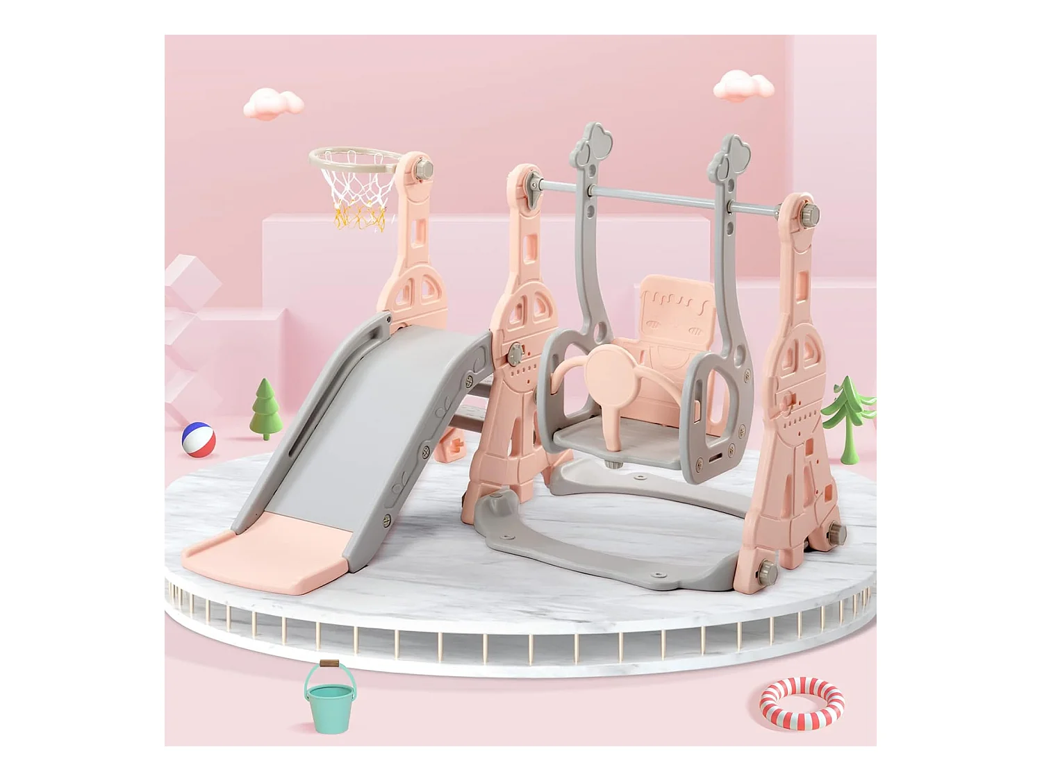 Conjunto de balanço infantil 4 em 1 com escorregador, escada, balanço e cesta de basquete - interno/externo - rosa