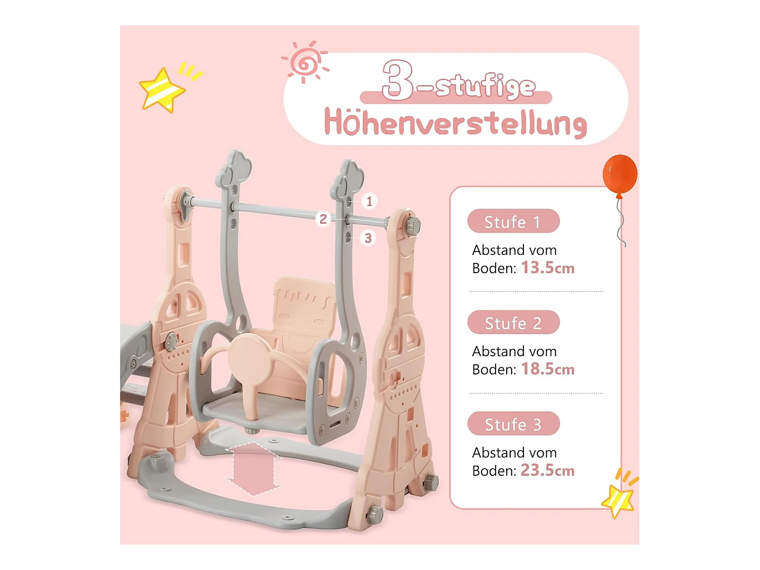 Conjunto de balanço infantil 4 em 1 com escorregador, escada, balanço e cesta de basquete - interno/externo - rosa