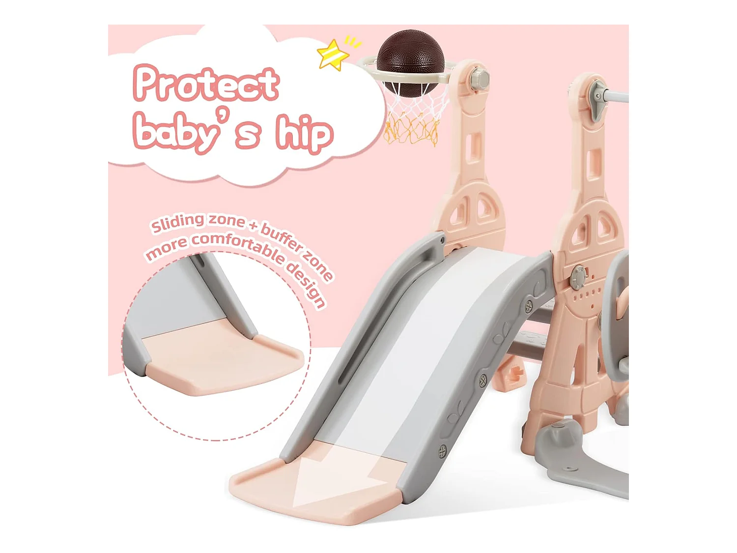 Conjunto de balanço infantil 4 em 1 com escorregador, escada, balanço e cesta de basquete - interno/externo - rosa