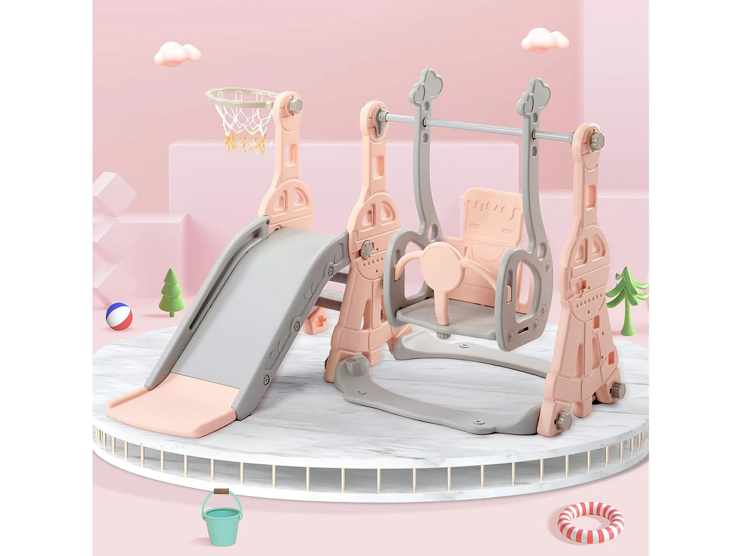 Juego de tobogán y columpio 4 en 1 para niños pequeños, juego de tobogán escalador con aro de baloncesto, juego de columpio para interiores y exteriores (elefante rosa
