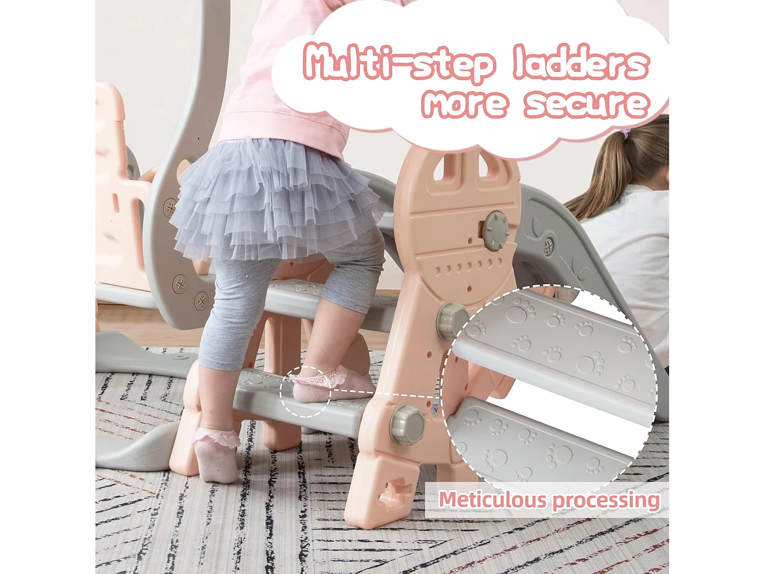 Portique Enfant 4 en 1 avec Toboggan, Échelle, Balançoire, Panier de Basket - Intérieur/Extérieur - Rose