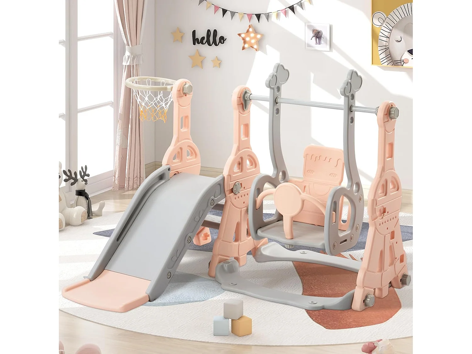 Portique Enfant 4 en 1 avec Toboggan, Échelle, Balançoire, Panier de Basket - Intérieur/Extérieur - Rose