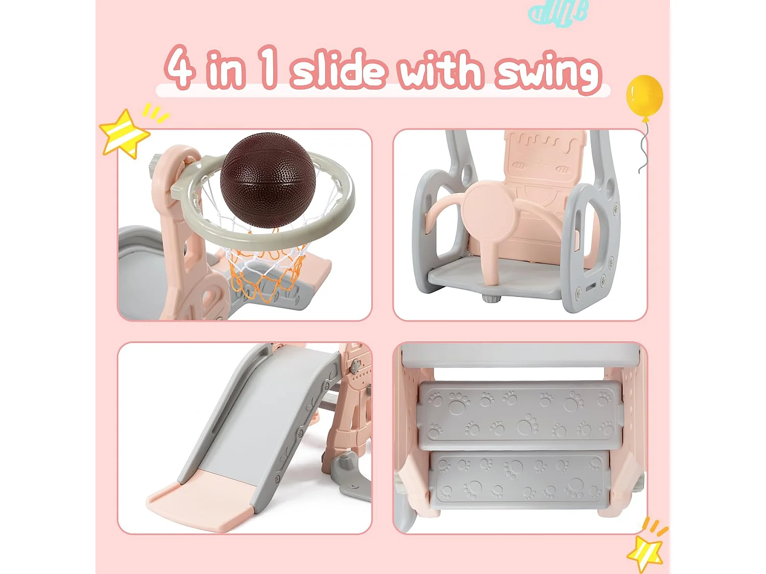 Portique Enfant 4 en 1 avec Toboggan, Échelle, Balançoire, Panier de Basket - Intérieur/Extérieur - Rose
