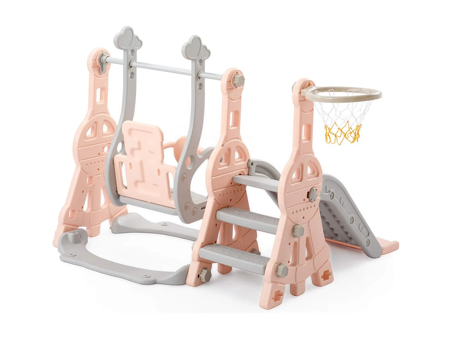 Portique Enfant 4 en 1 avec Toboggan, Échelle, Balançoire, Panier de Basket - Intérieur/Extérieur - Rose