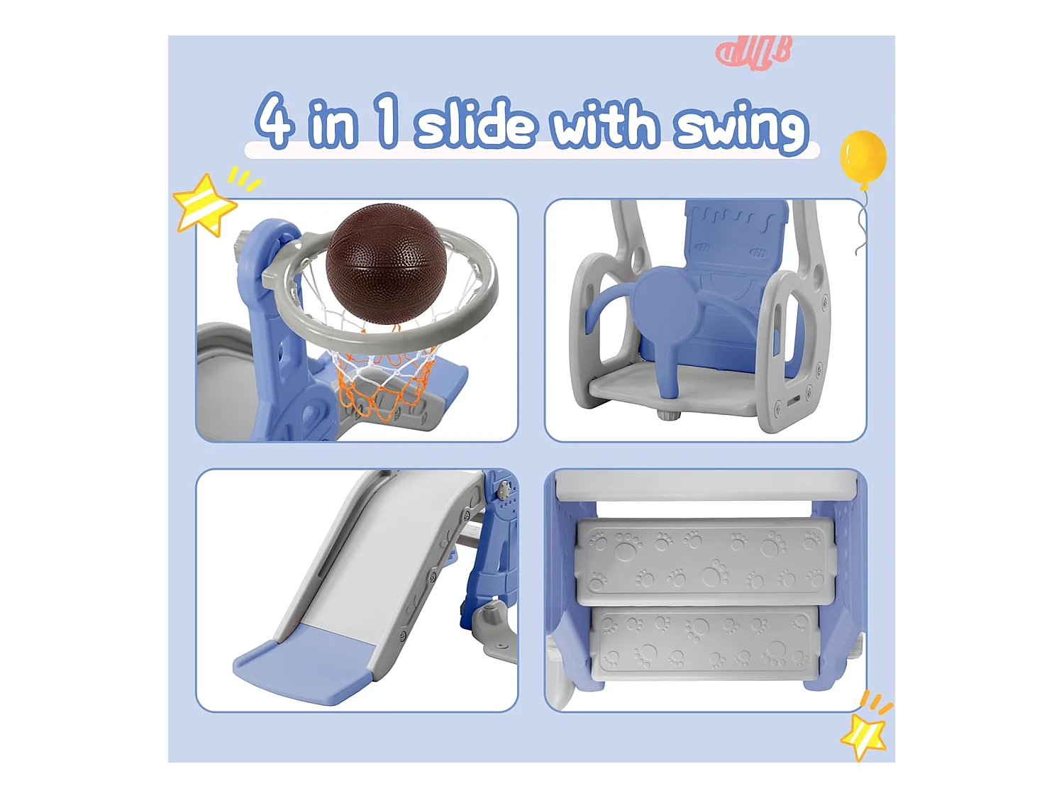 4-in-1 Kinderschaukel mit Rutsche, Leiter, Schaukel, Basketballkorb - Indoor/Outdoor - Blau