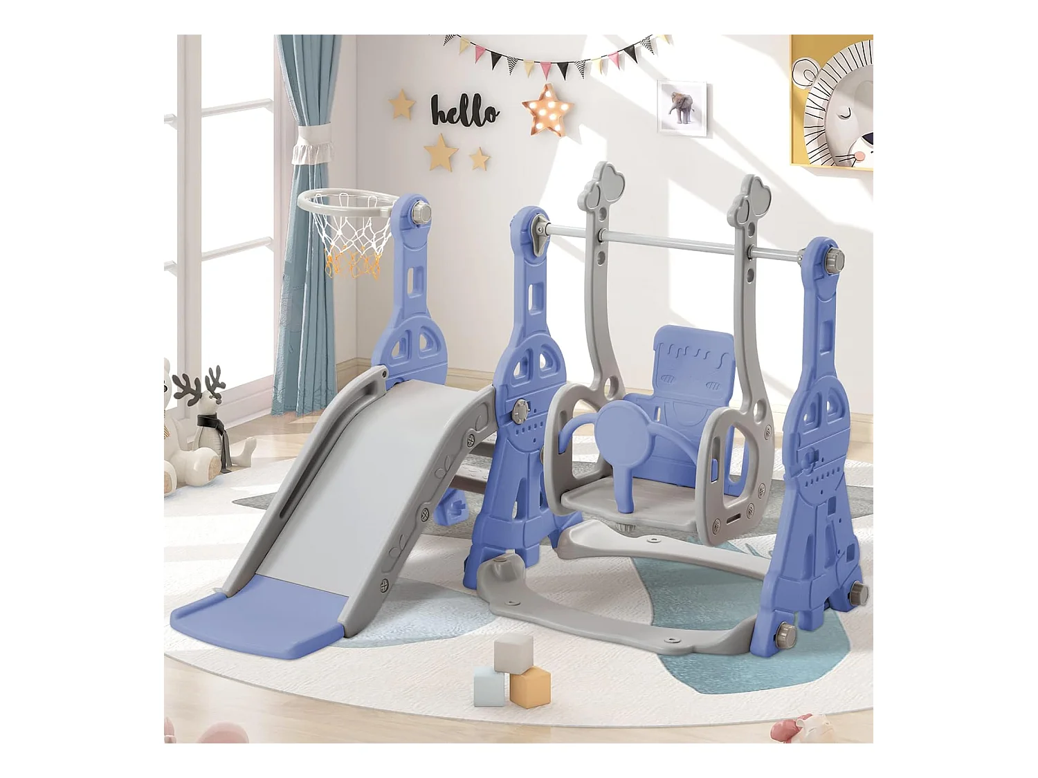 Conjunto de balanço infantil 4 em 1 com escorregador, escada, balanço e cesta de basquete - interno/externo - azul