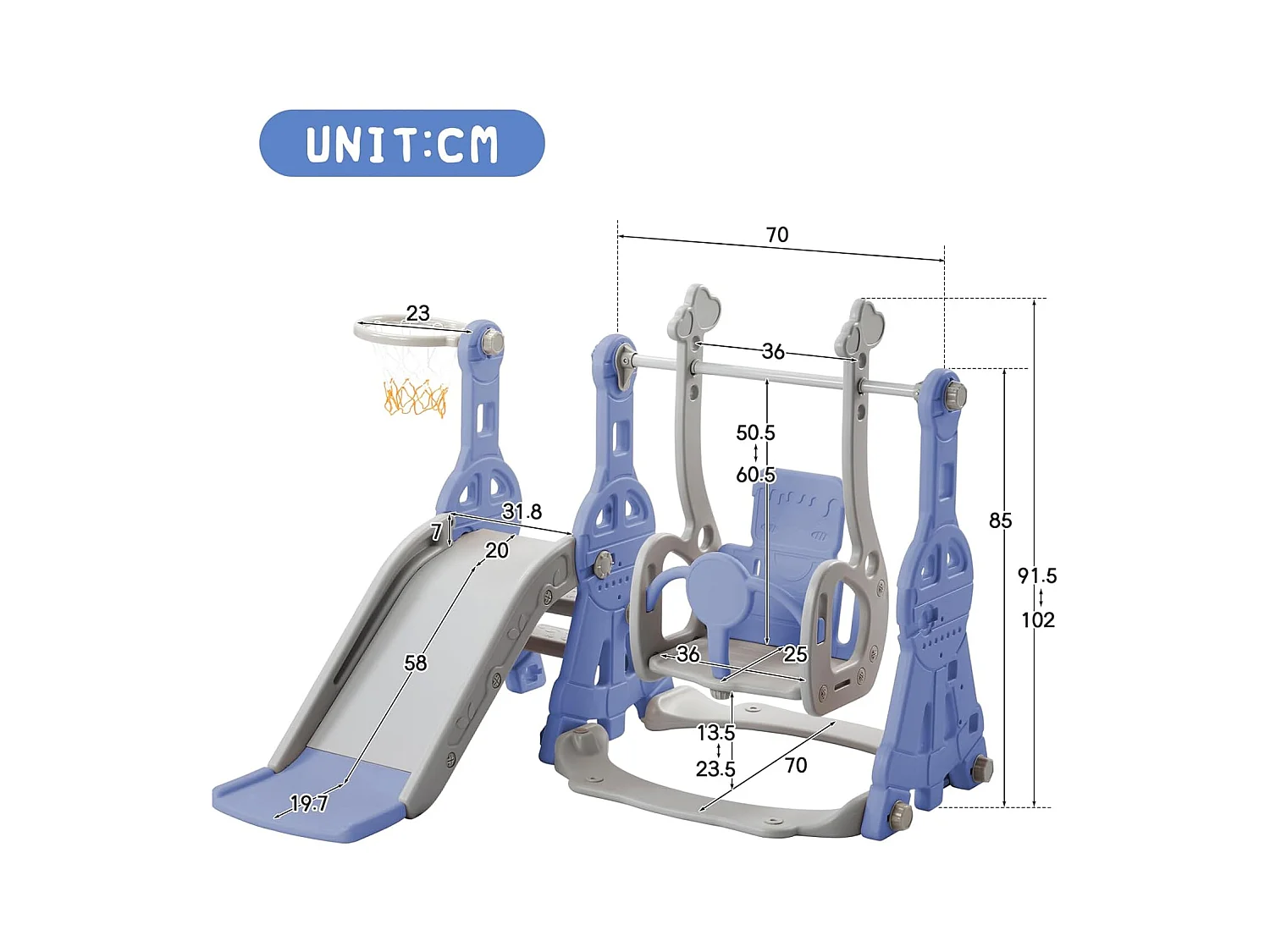 Conjunto de balanço infantil 4 em 1 com escorregador, escada, balanço e cesta de basquete - interno/externo - azul
