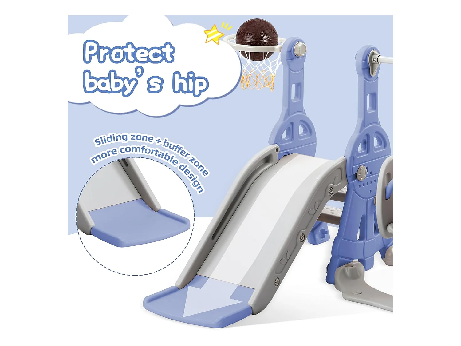 Conjunto de balanço infantil 4 em 1 com escorregador, escada, balanço e cesta de basquete - interno/externo - azul