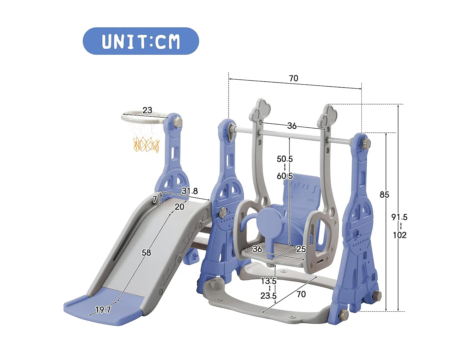 Conjunto de balanço infantil 4 em 1 com escorregador, escada, balanço e cesta de basquete - interno/externo - azul