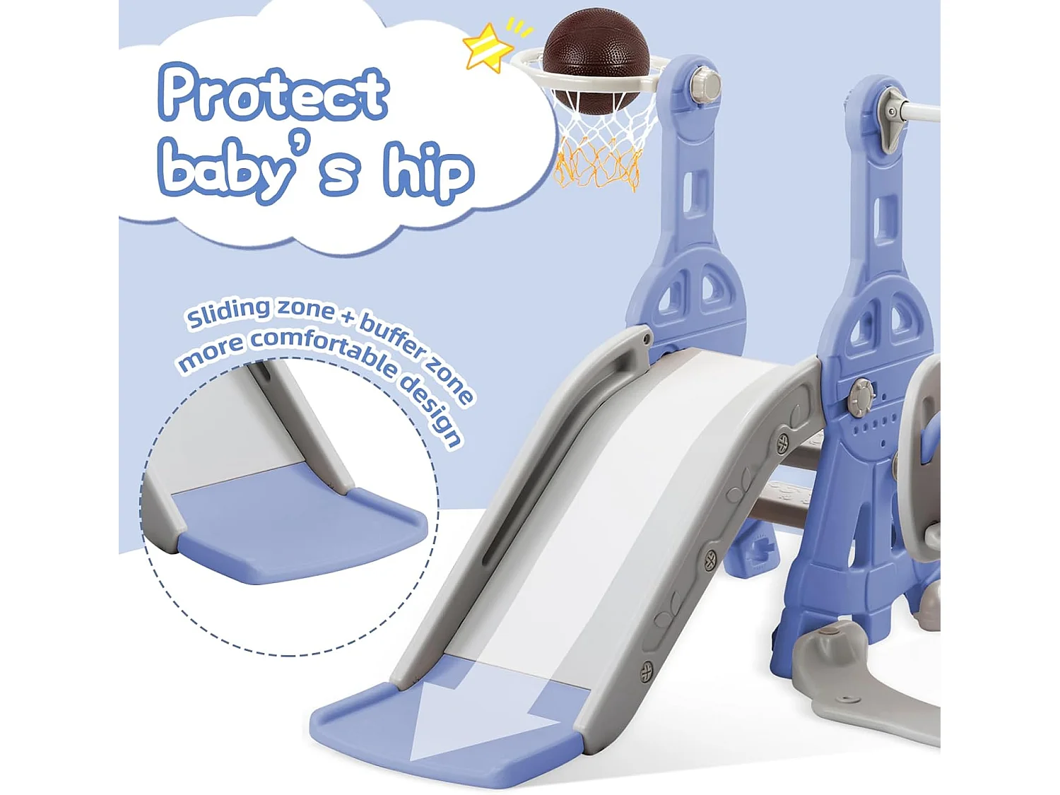 Conjunto de balanço infantil 4 em 1 com escorregador, escada, balanço e cesta de basquete - interno/externo - azul