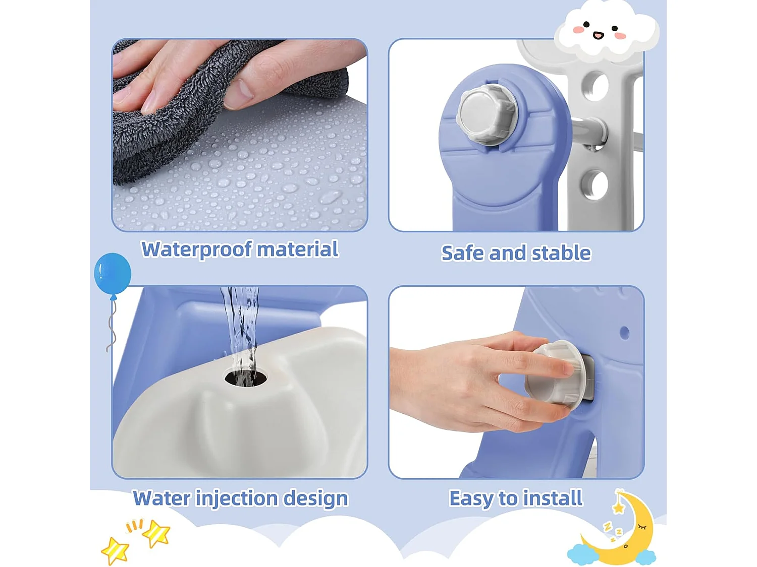 Conjunto de balanço infantil 4 em 1 com escorregador, escada, balanço e cesta de basquete - interno/externo - azul